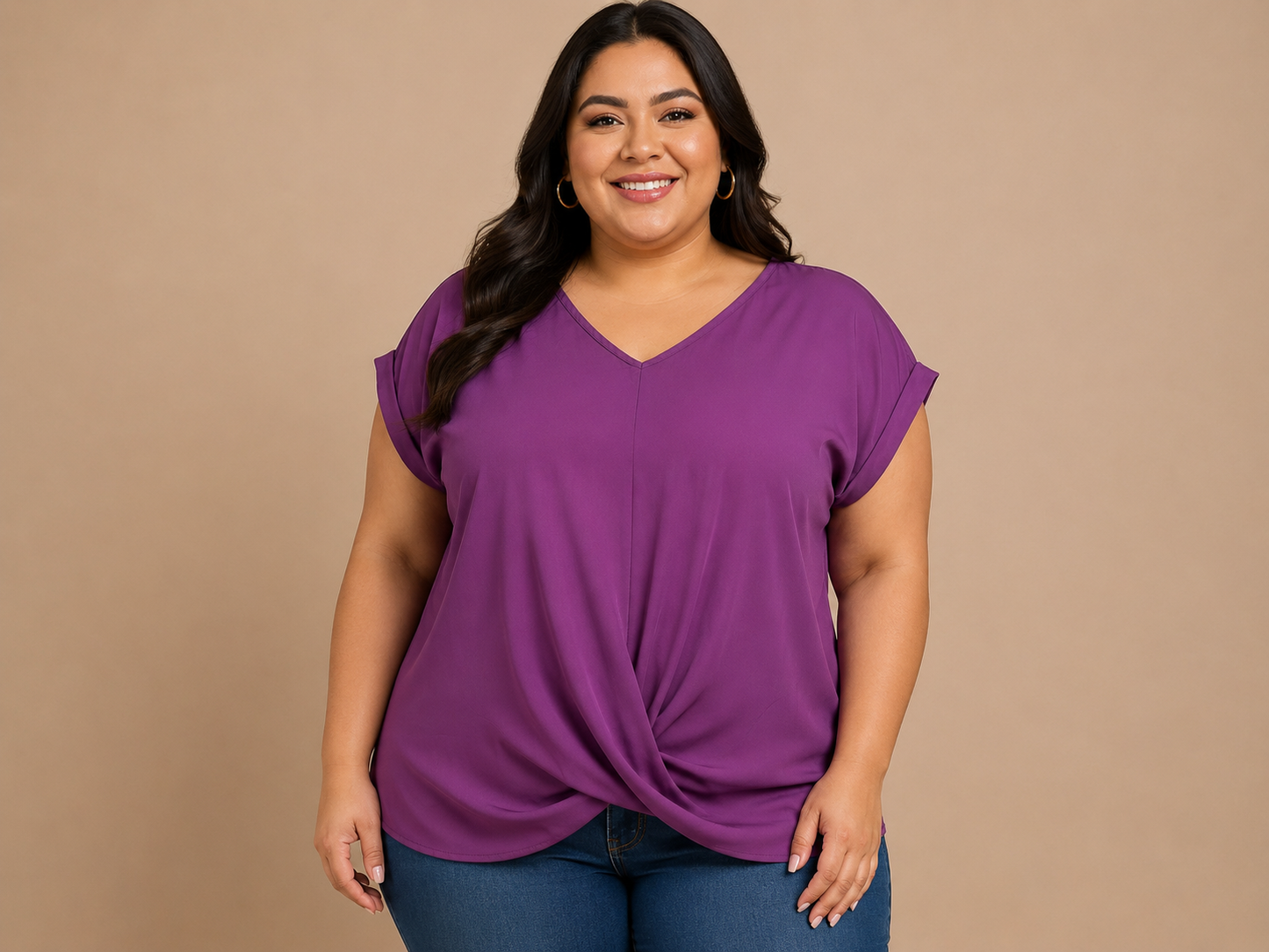 Blusa Dama Morado Ciruela con Escote en V y Detalle Cruzado al Frente