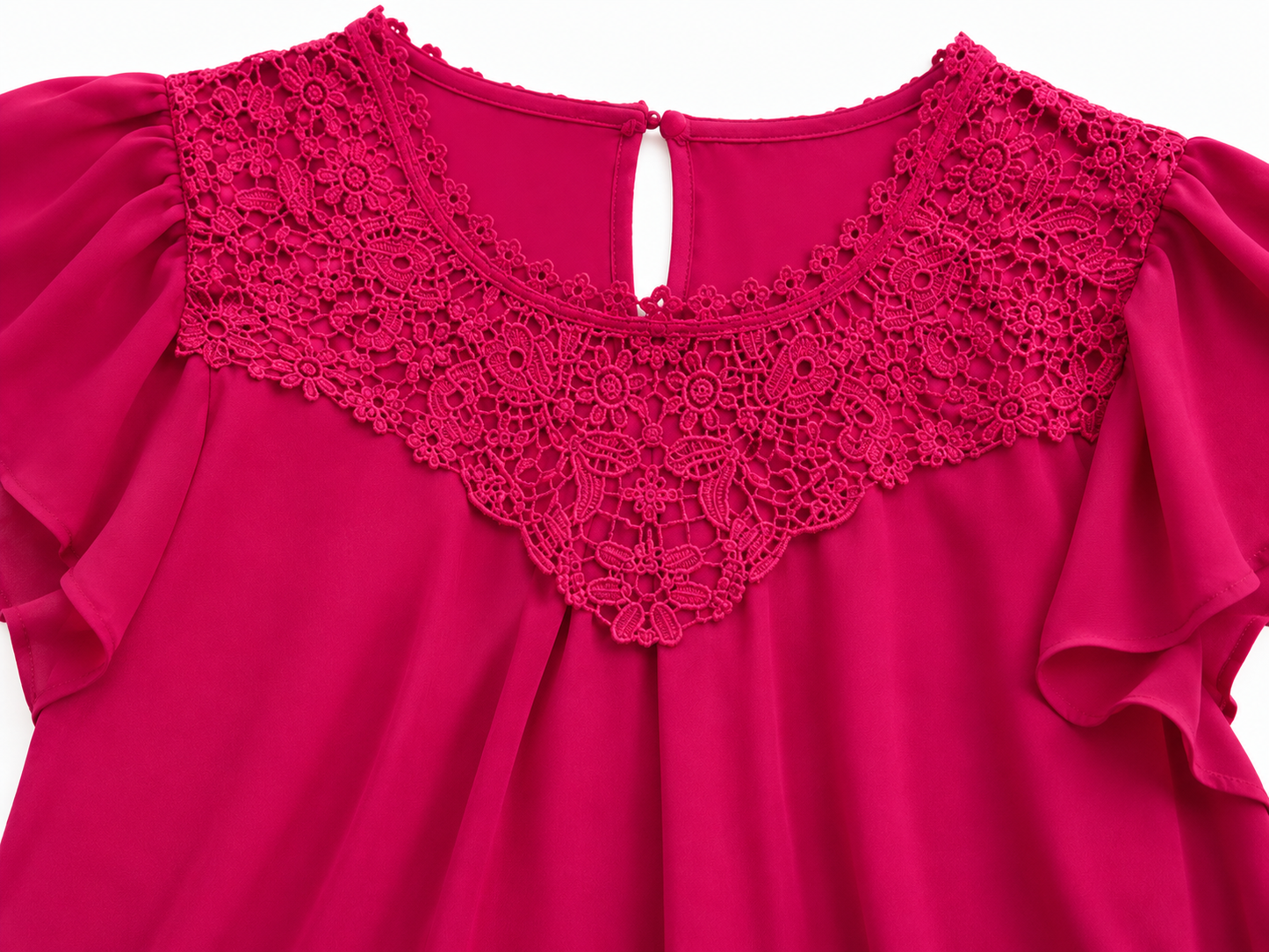 Blusa Dama Fiusha con Encaje Floral y Manga Corta