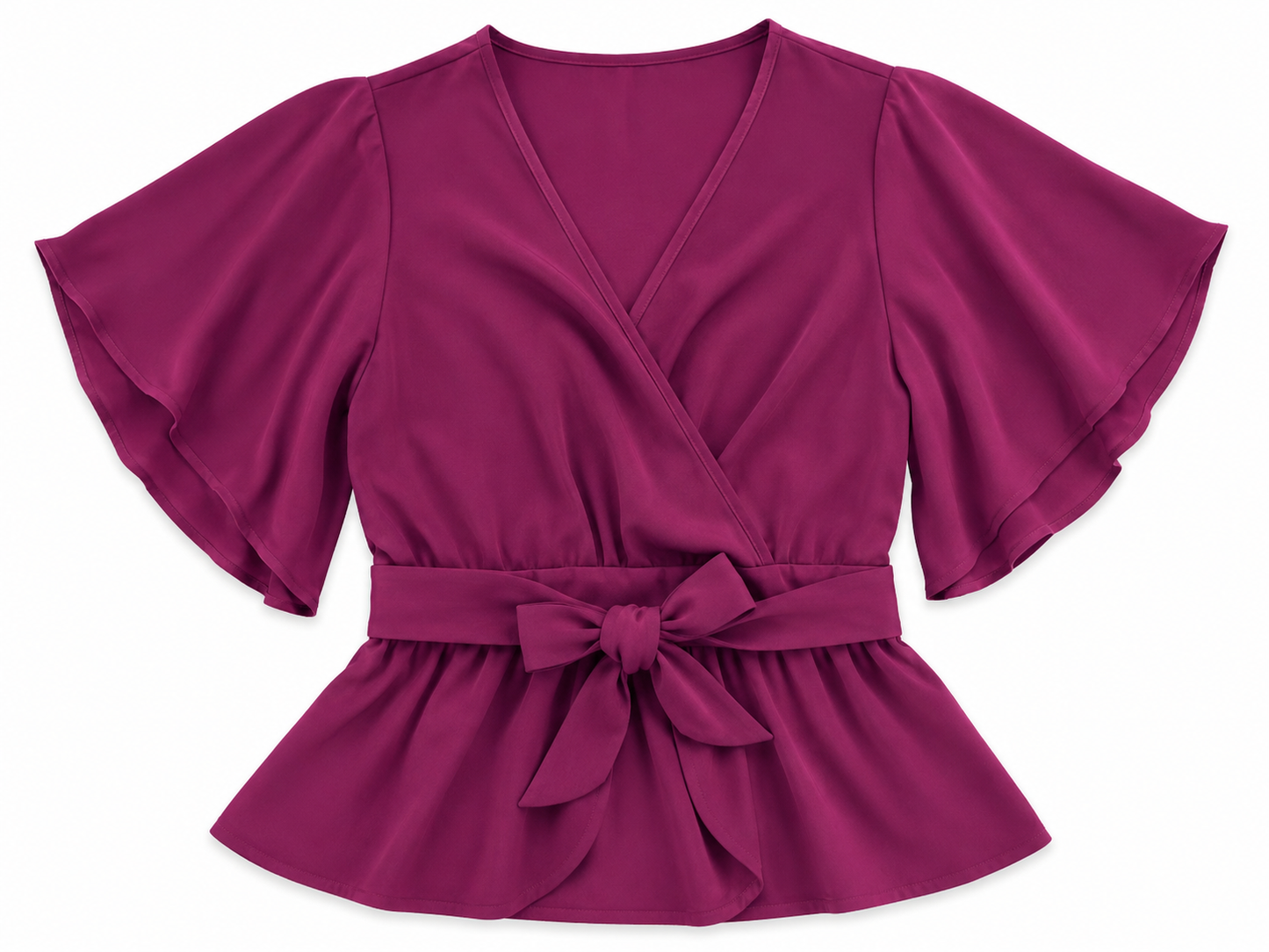 Blusa Dama Vino con Escote Cruzado y Cinturón Ajustable