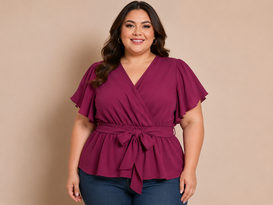 Blusa Dama Vino con Escote Cruzado y Cinturón Ajustable