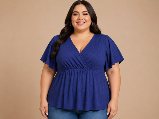 Blusa Dama Azul Índigo Texturizada con Escote Cruzado