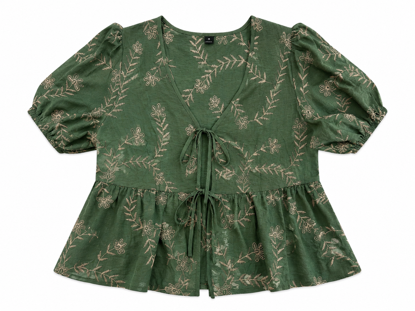 Blusa Dama Verde Olivo Bordada con Lazos Frontales