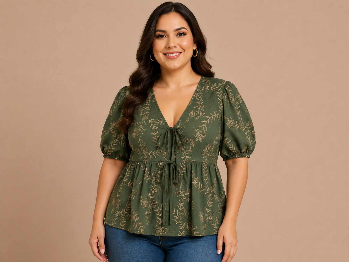 Blusa Dama Verde Olivo Bordada con Lazos Frontales