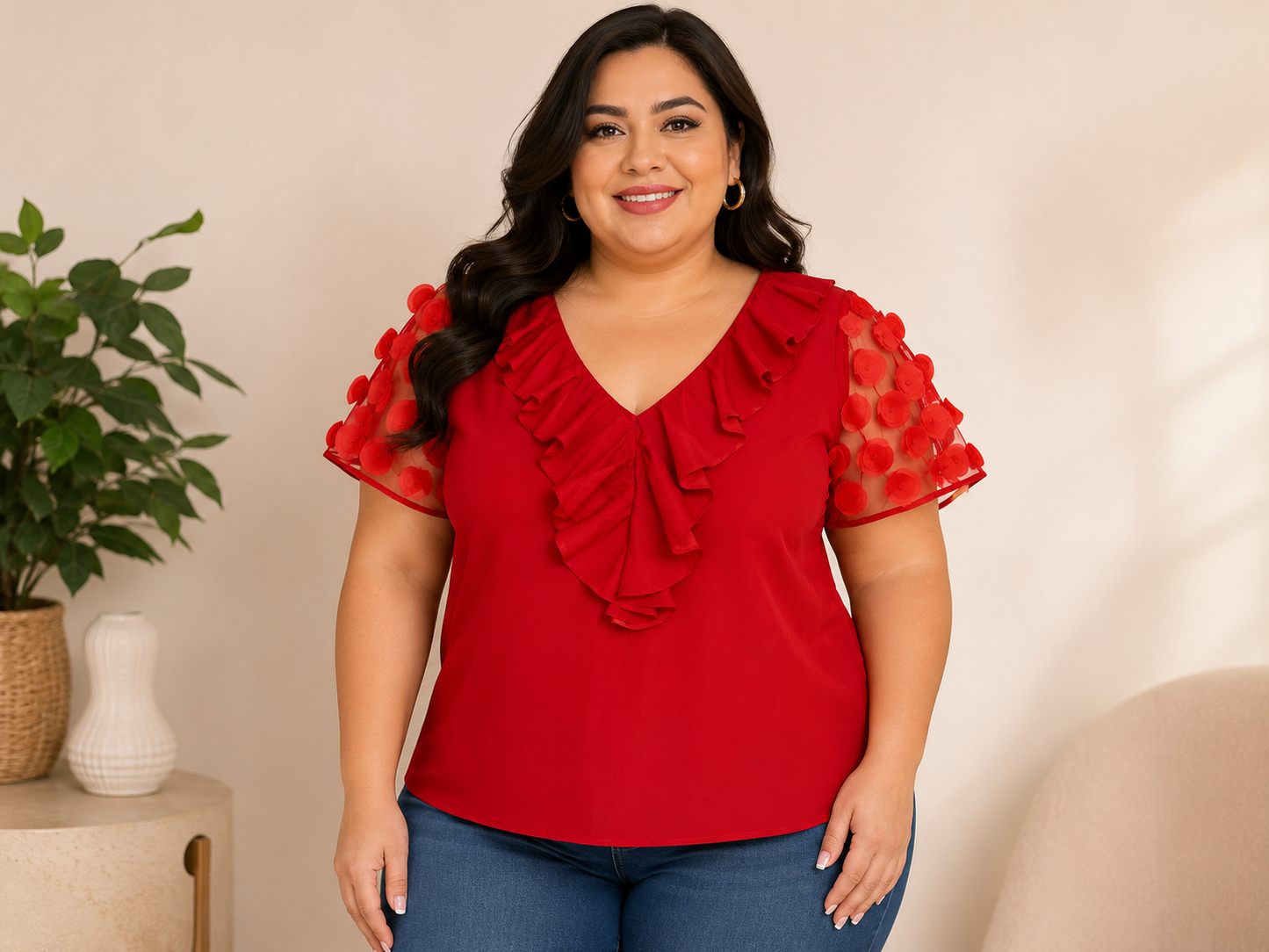 Blusa Dama Elegancia Floral Roja