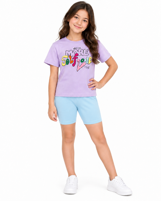 Set niña playera lila con leggings azul cielo