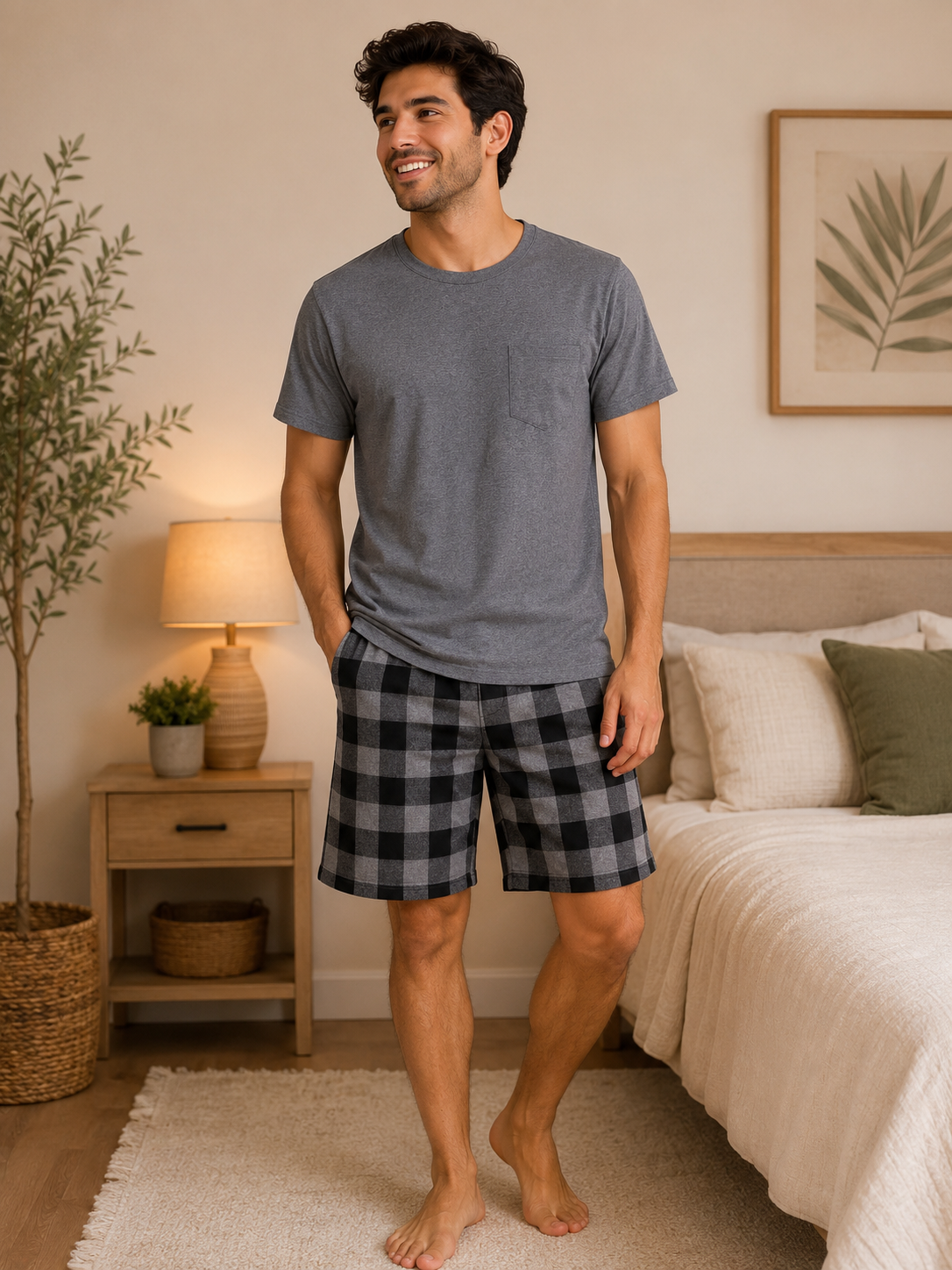 Pijama caballero gris con short cuadros