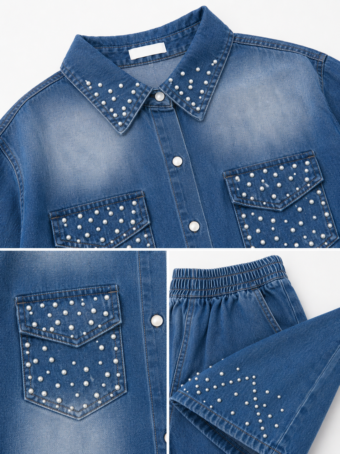 Conjunto Dama mezclilla perlas decorativas