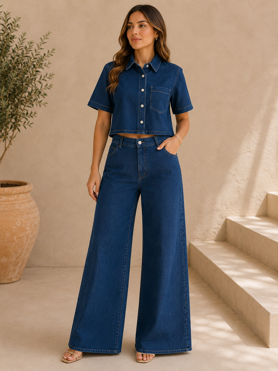 Conjunto Dama mezclilla con camisa crop