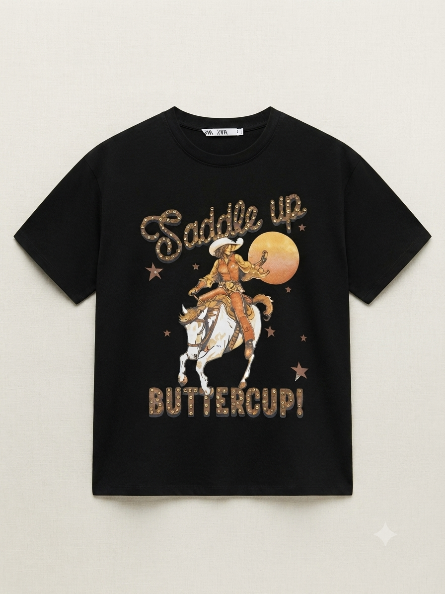 Blusa Dama Negra con Diseño Vaquero y Aplicaciones