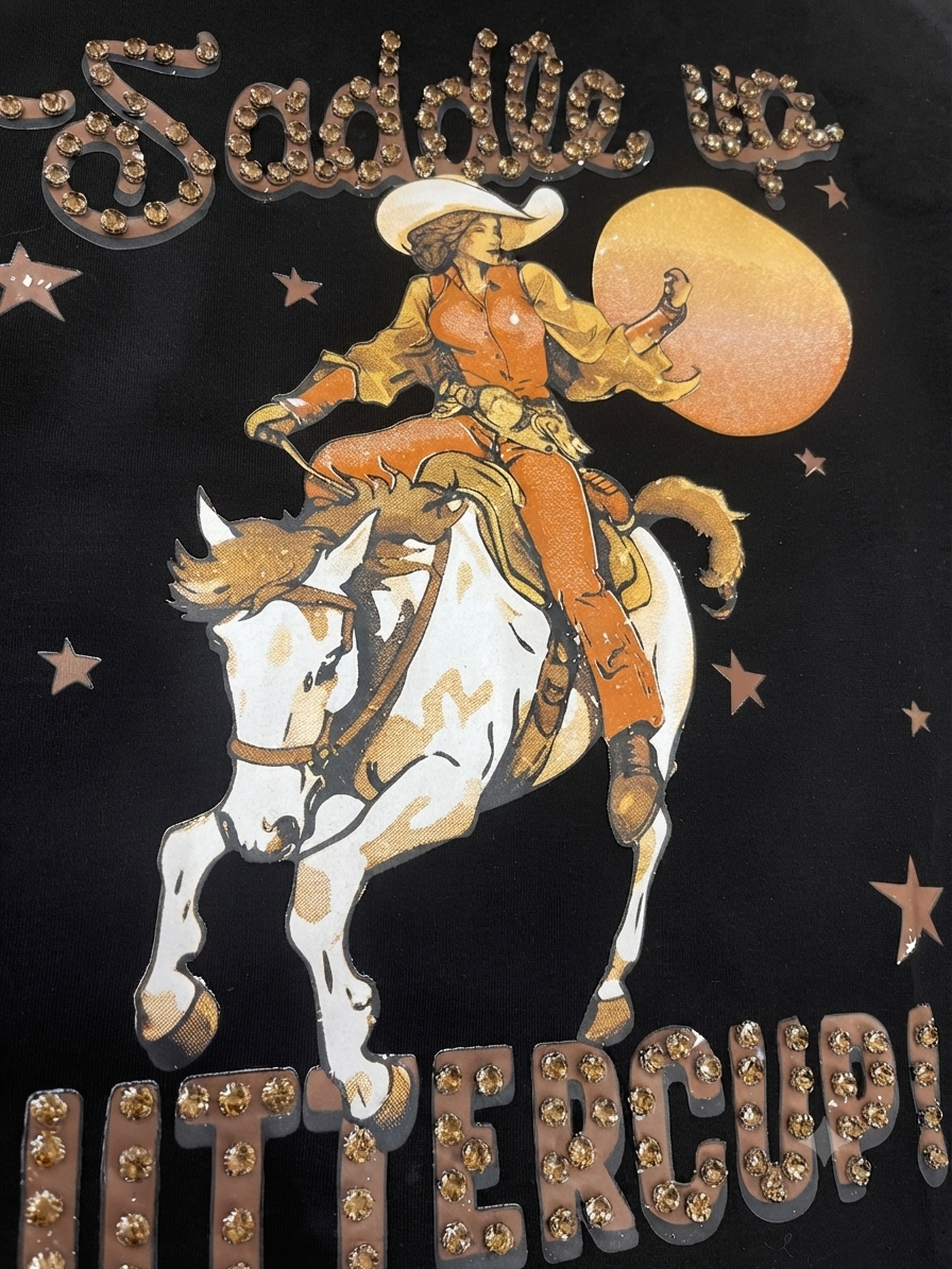 Blusa Dama Negra con Diseño Vaquero y Aplicaciones