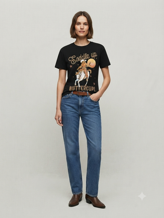 Blusa Dama Negra con Diseño Vaquero y Aplicaciones