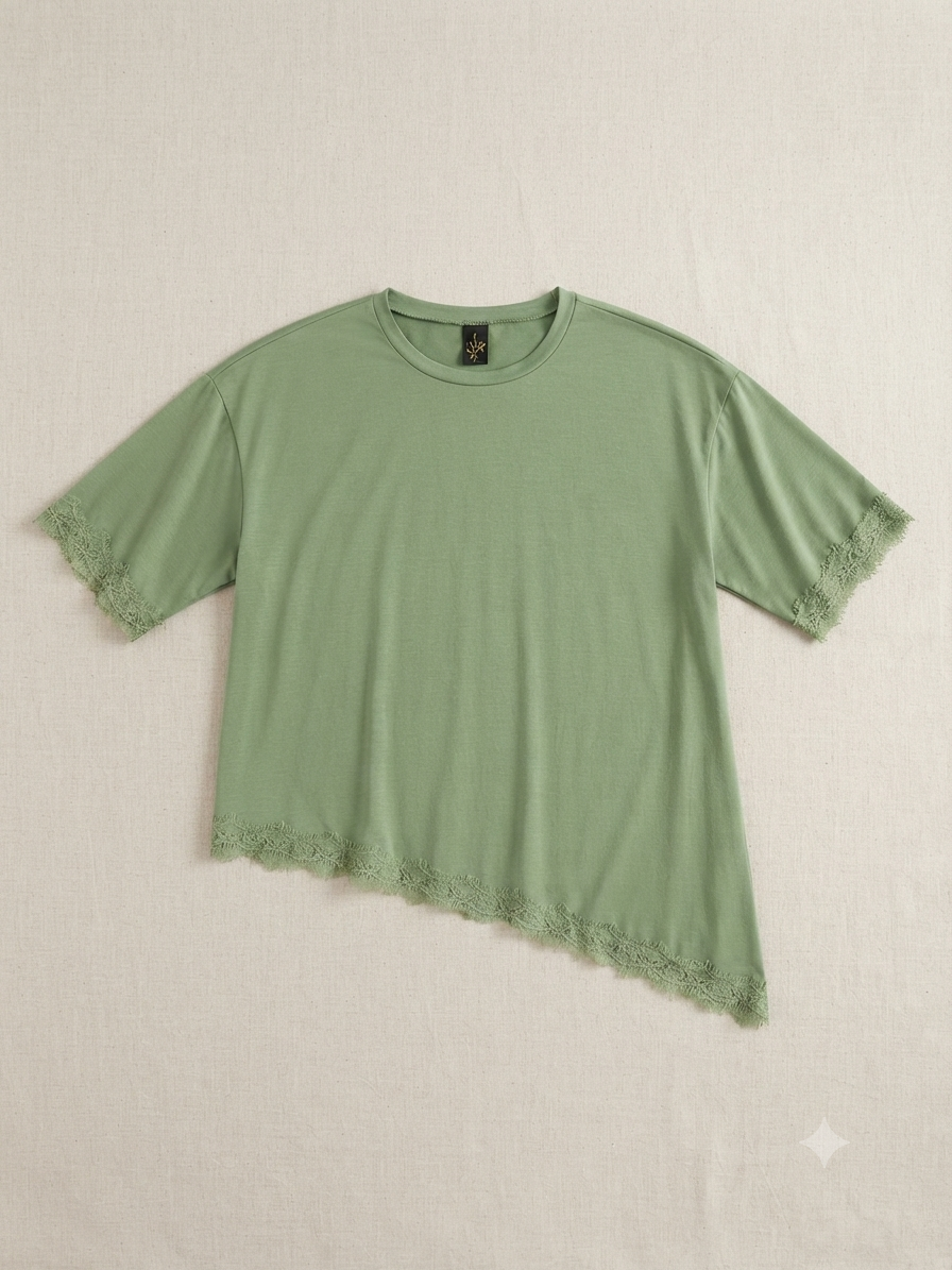 Blusa Dama Asimétrica Verde Salvia con Encaje