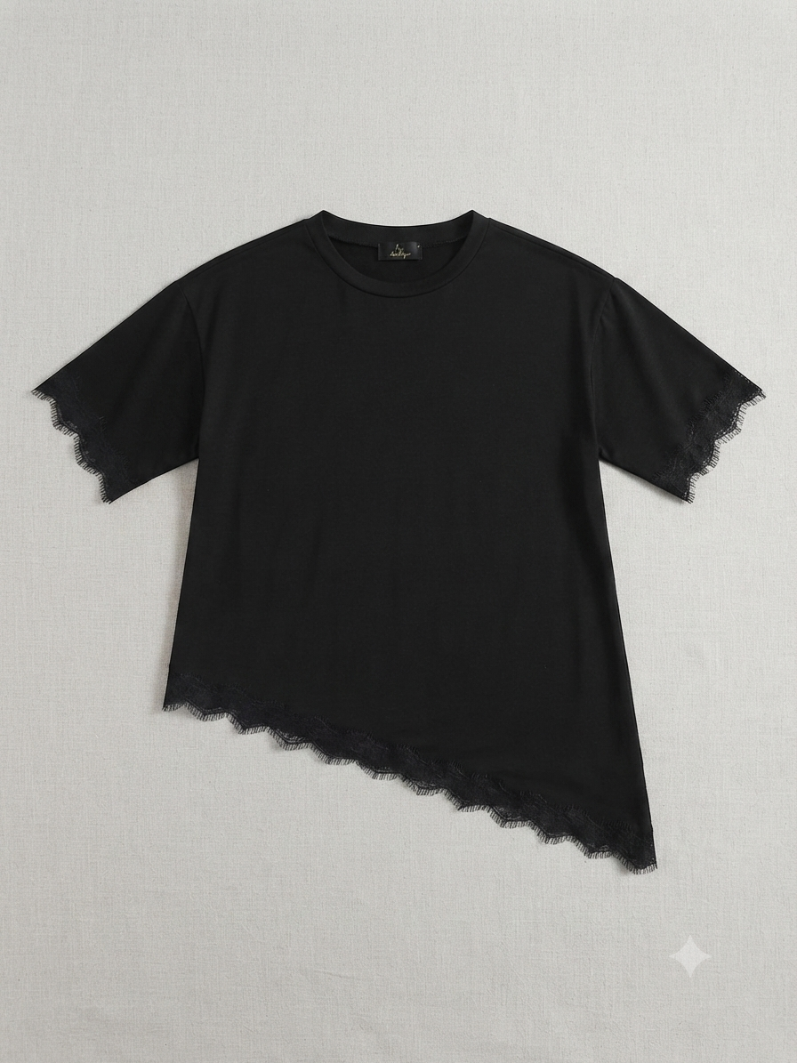Blusa dama Asimétrica Negra con Encaje