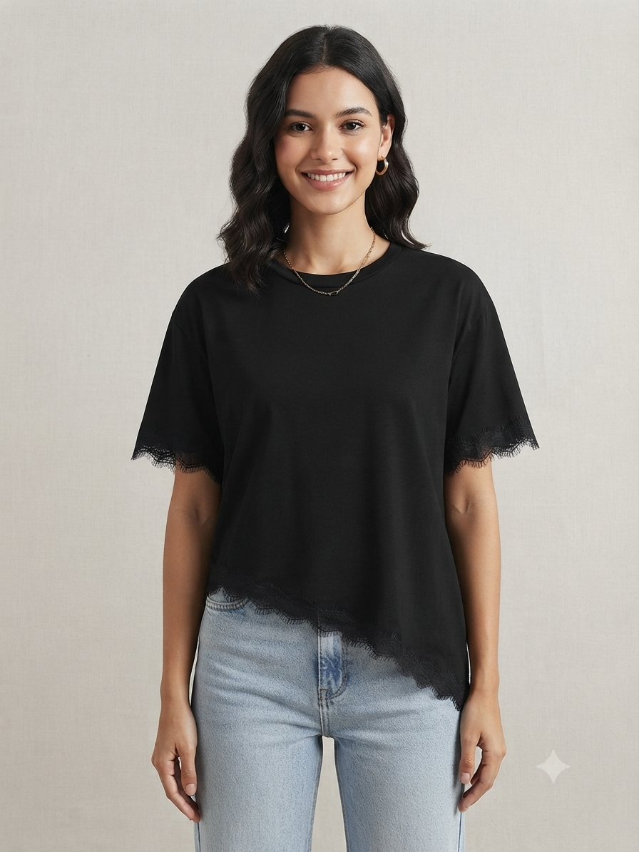 Blusa dama Asimétrica Negra con Encaje