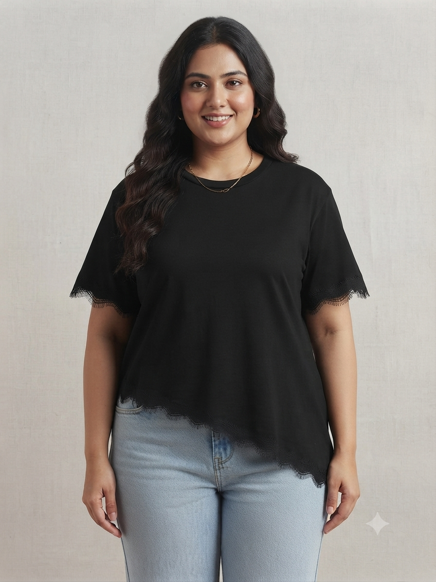 Blusa dama Asimétrica Negra con Encaje