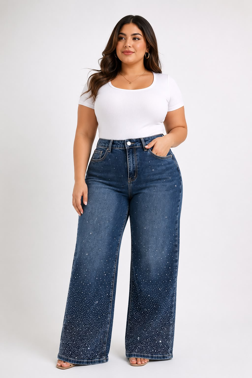 Pantalón Dama de Mezclilla Wide Leg Azul con Aplicaciones de Brillos
