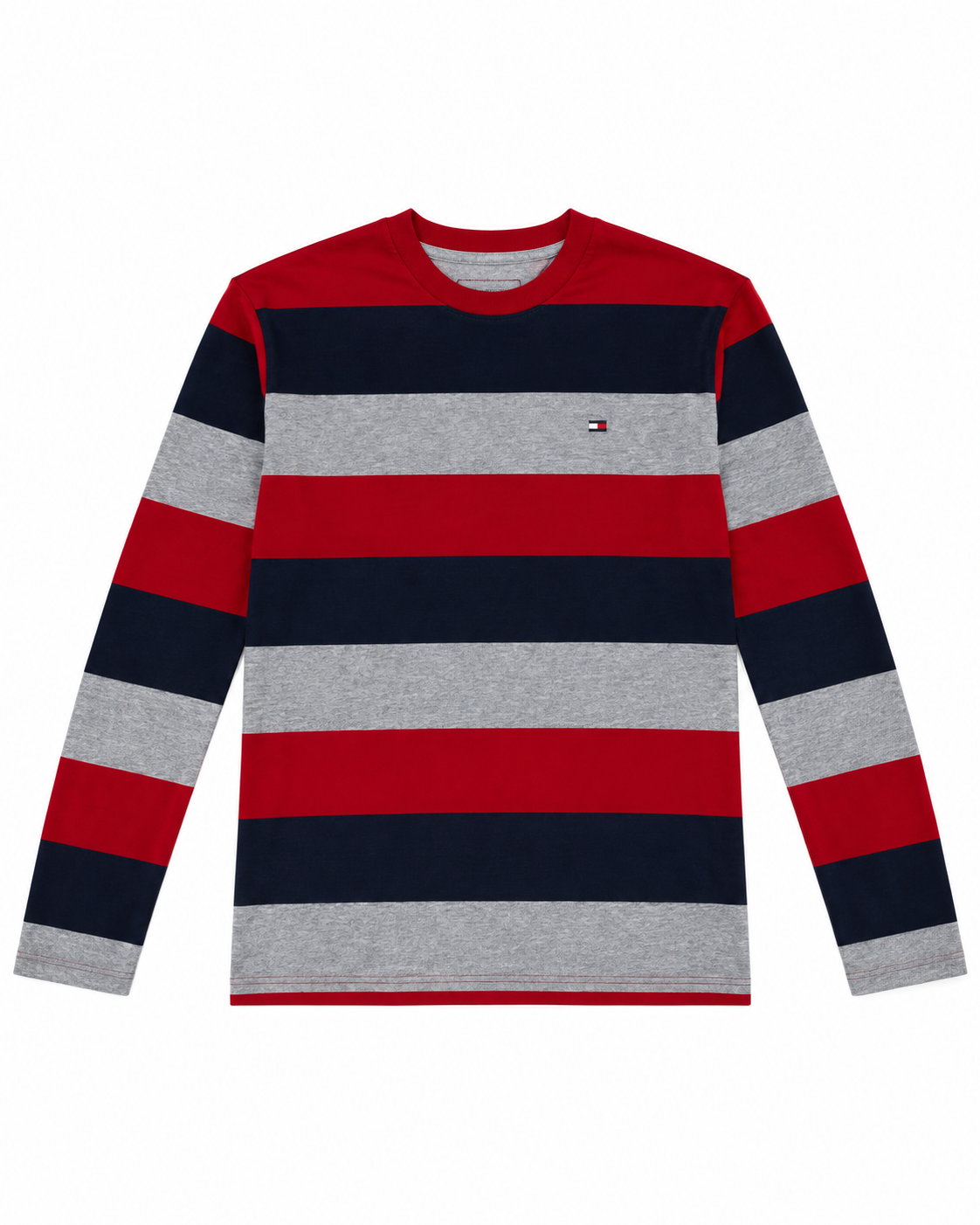 Playera niño manga larga rayas rojo, gris y azul marino