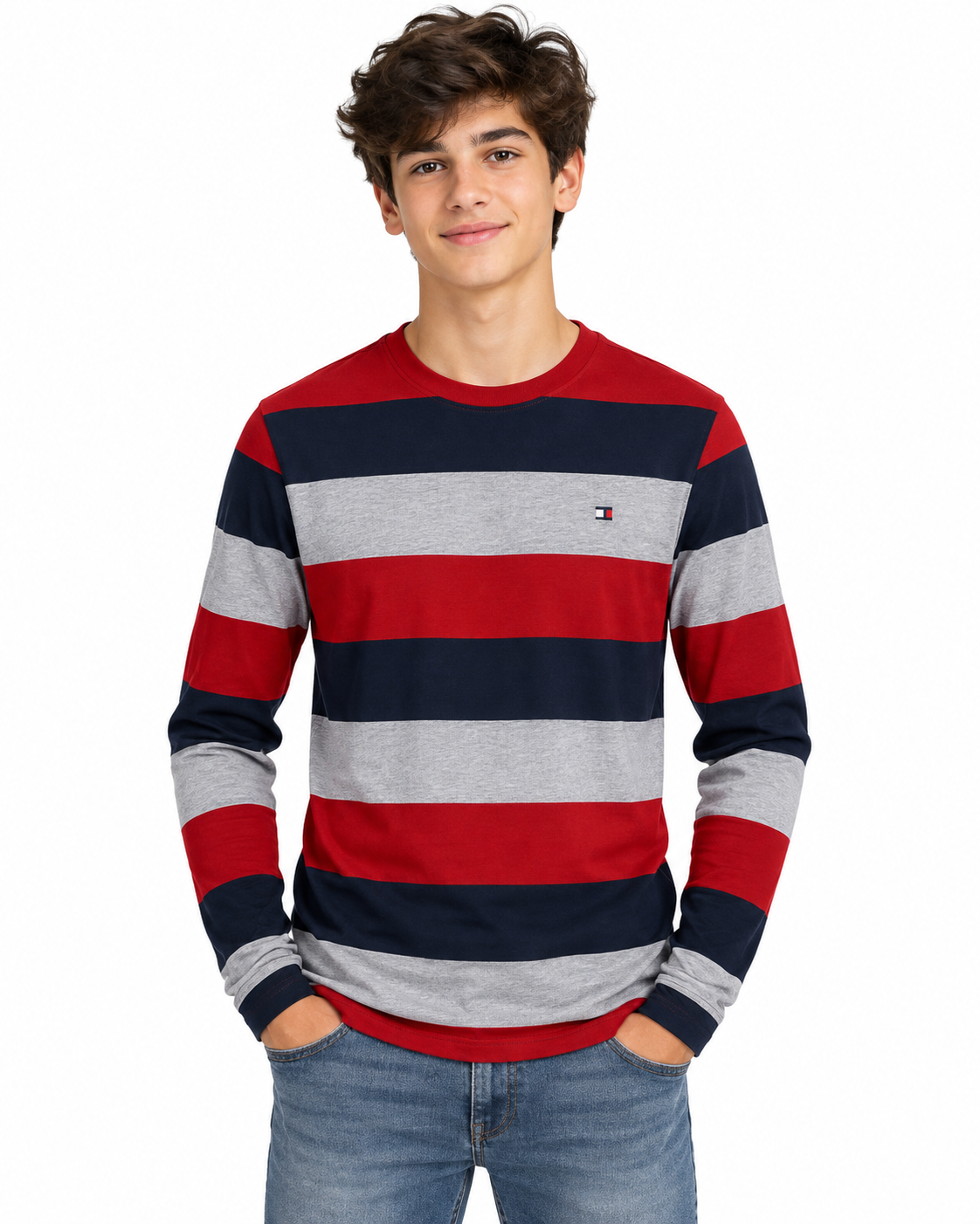 Playera niño manga larga rayas rojo, gris y azul marino