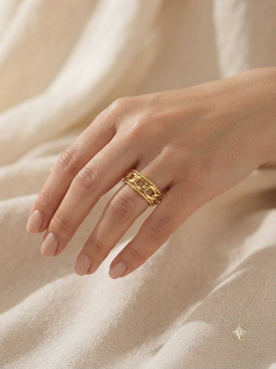 Anillo dama dorado diseño de cadenas entrelazadas ✨💍