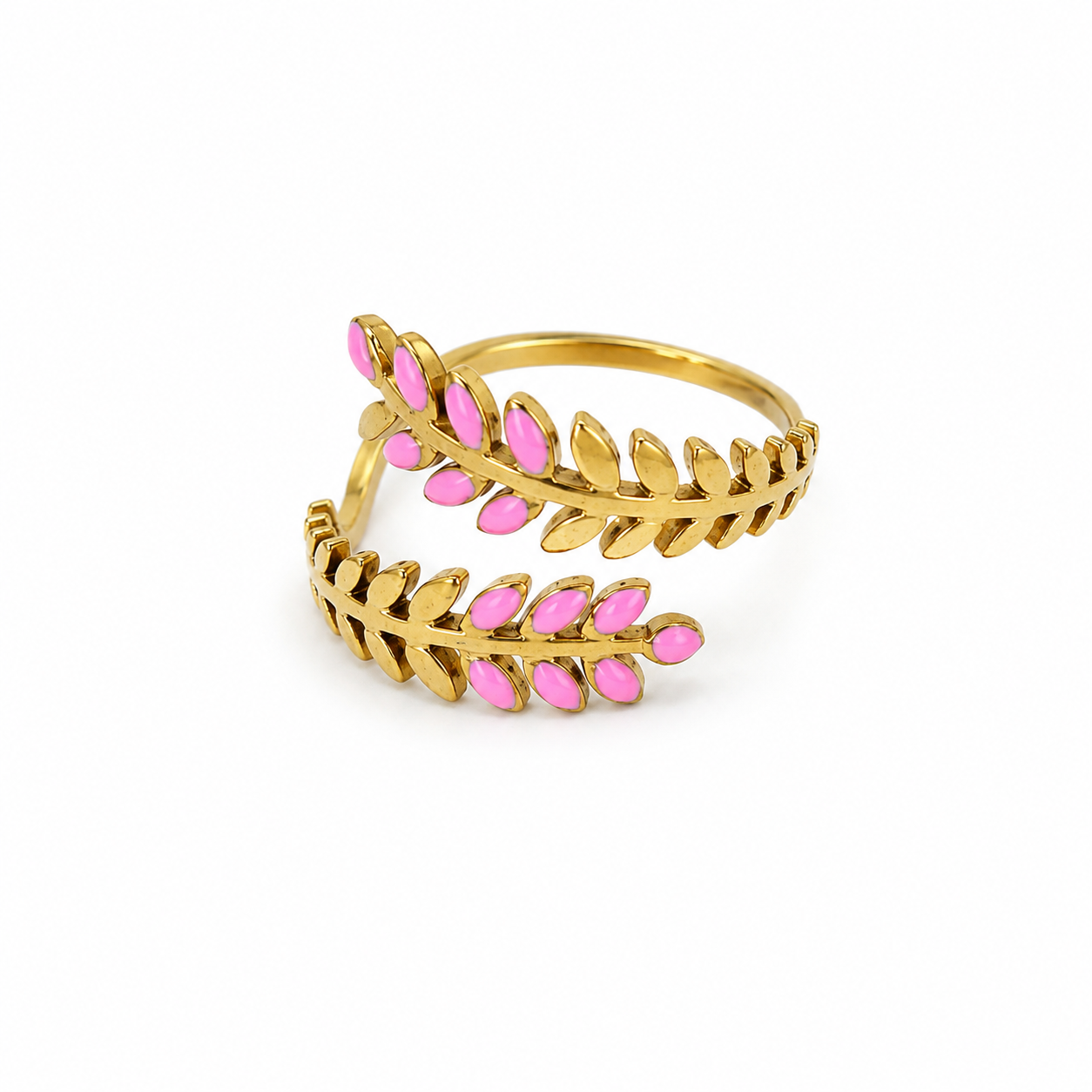 Anillo Dama diseño de hojas rosa y dorado
