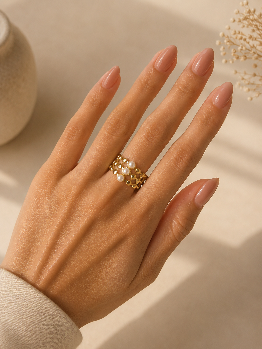 Anillo Dama dorado con perlas