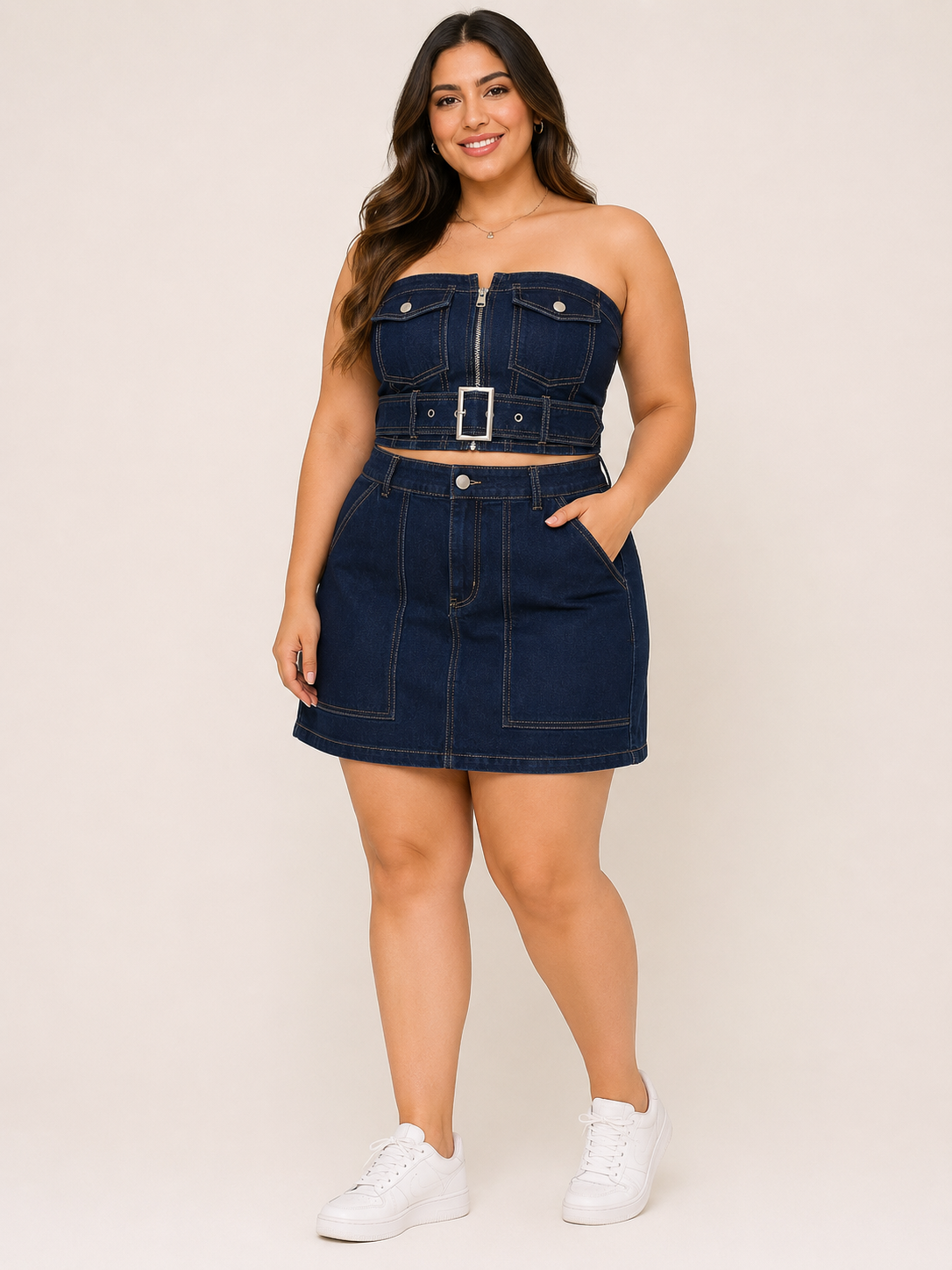 Conjunto Denim Strapless con Falda – Azul Mezclilla