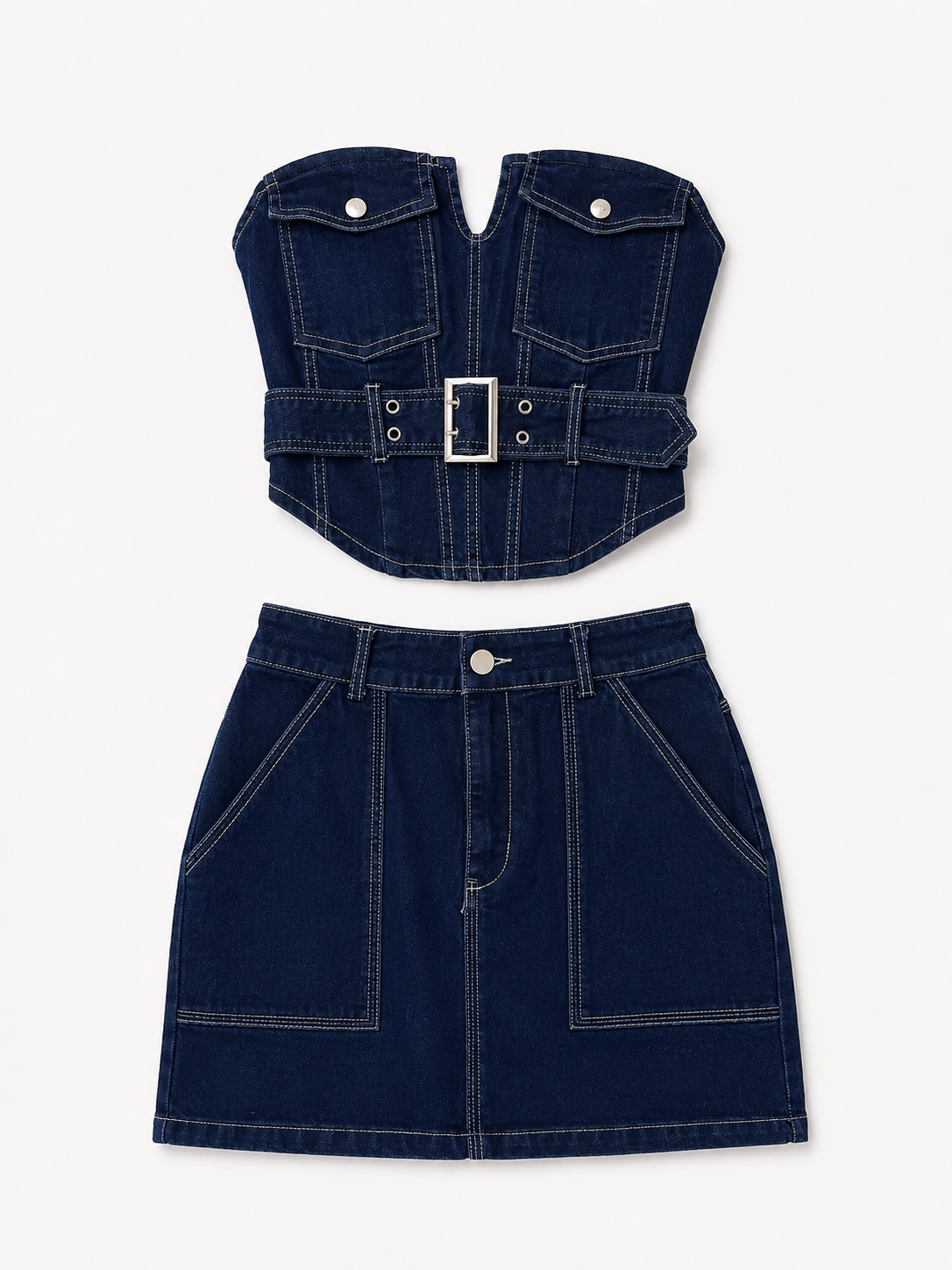 Conjunto Denim Strapless con Falda – Azul Mezclilla