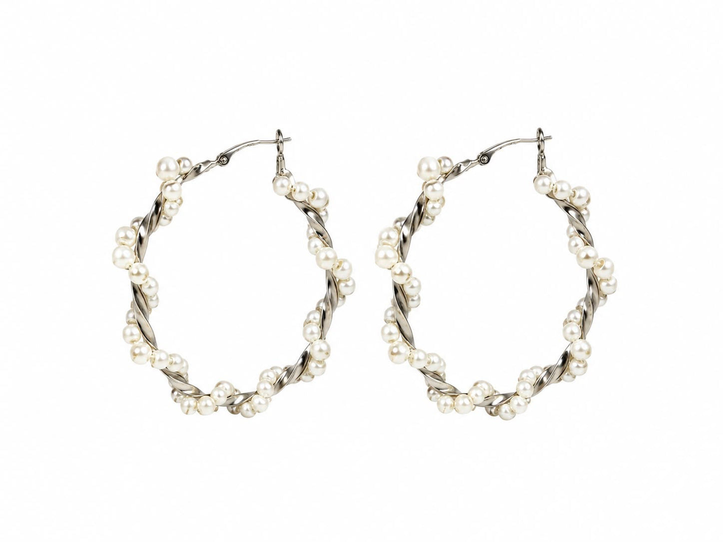 Aretes Arracadas Plateadas con Perlas – Diseño Trenzado Elegante