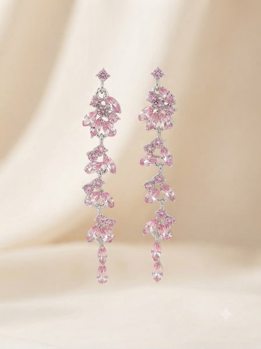 Aretes Largos con Cristales Rosa – Elegancia Floral