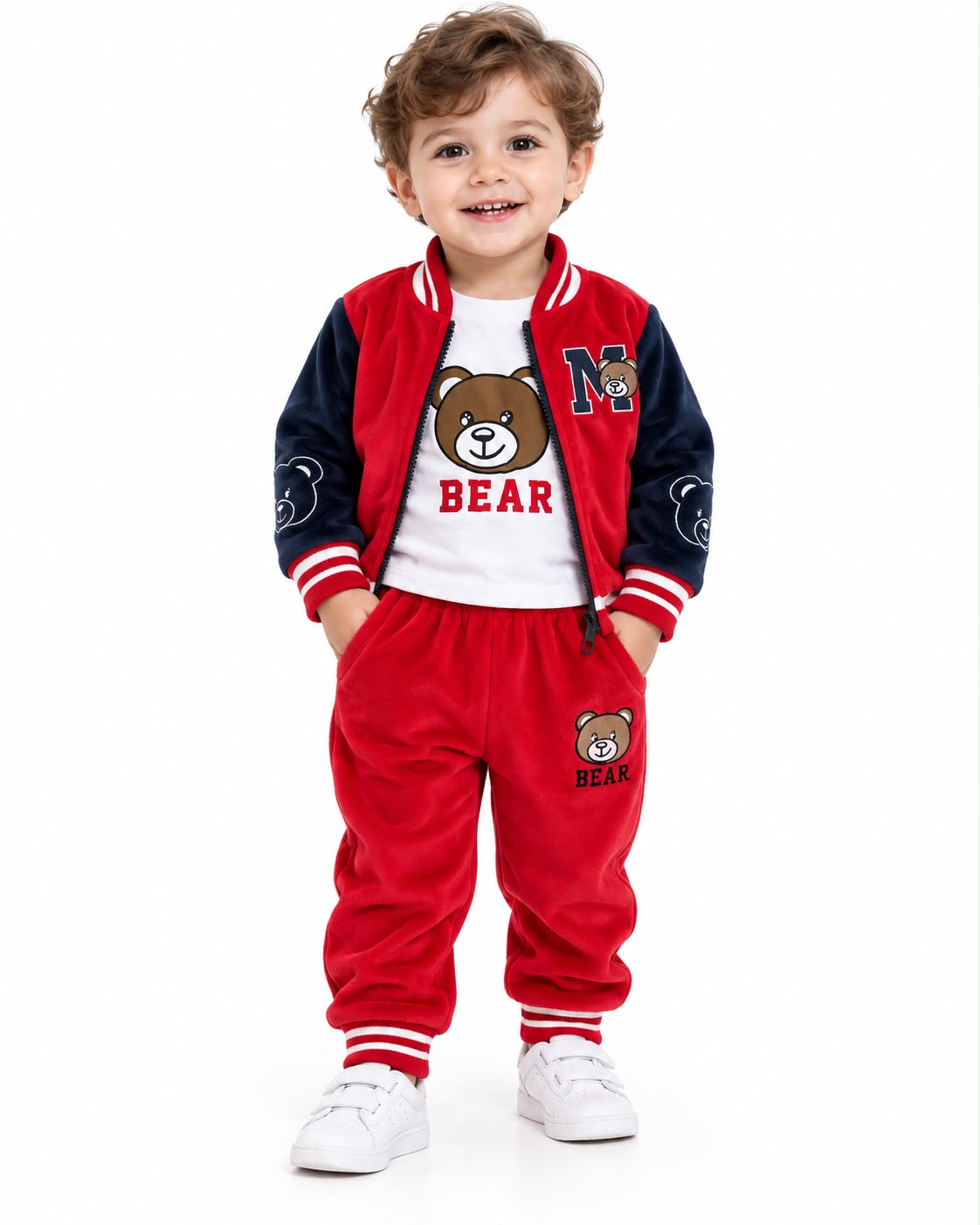 Set niño 3 piezas tipo deportivo con chamarra, playera y pantalón de osito 🧸❤️
