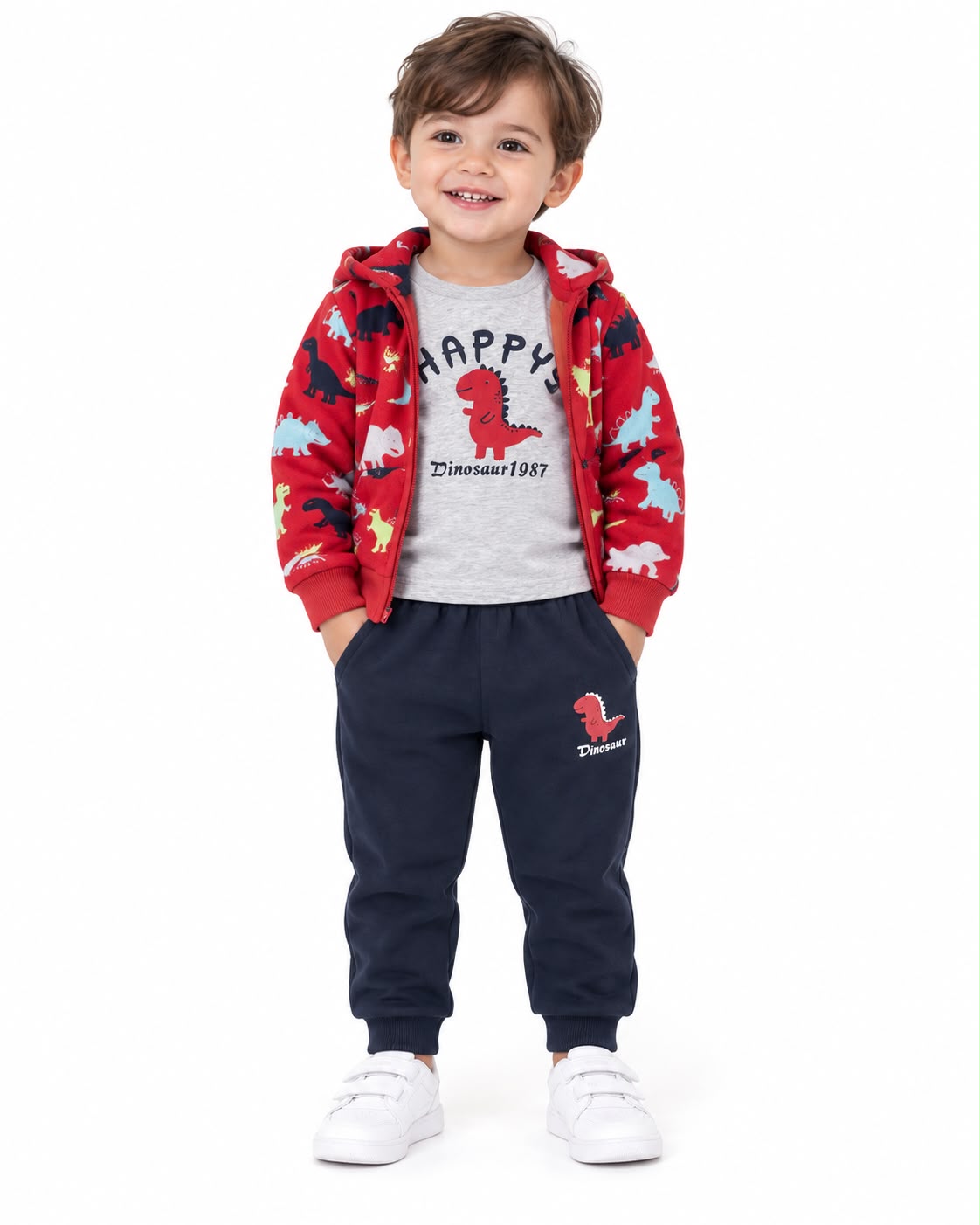 Set niño 3 piezas con chamarra de dinosaurios, playera y pantalón 🦖❤️