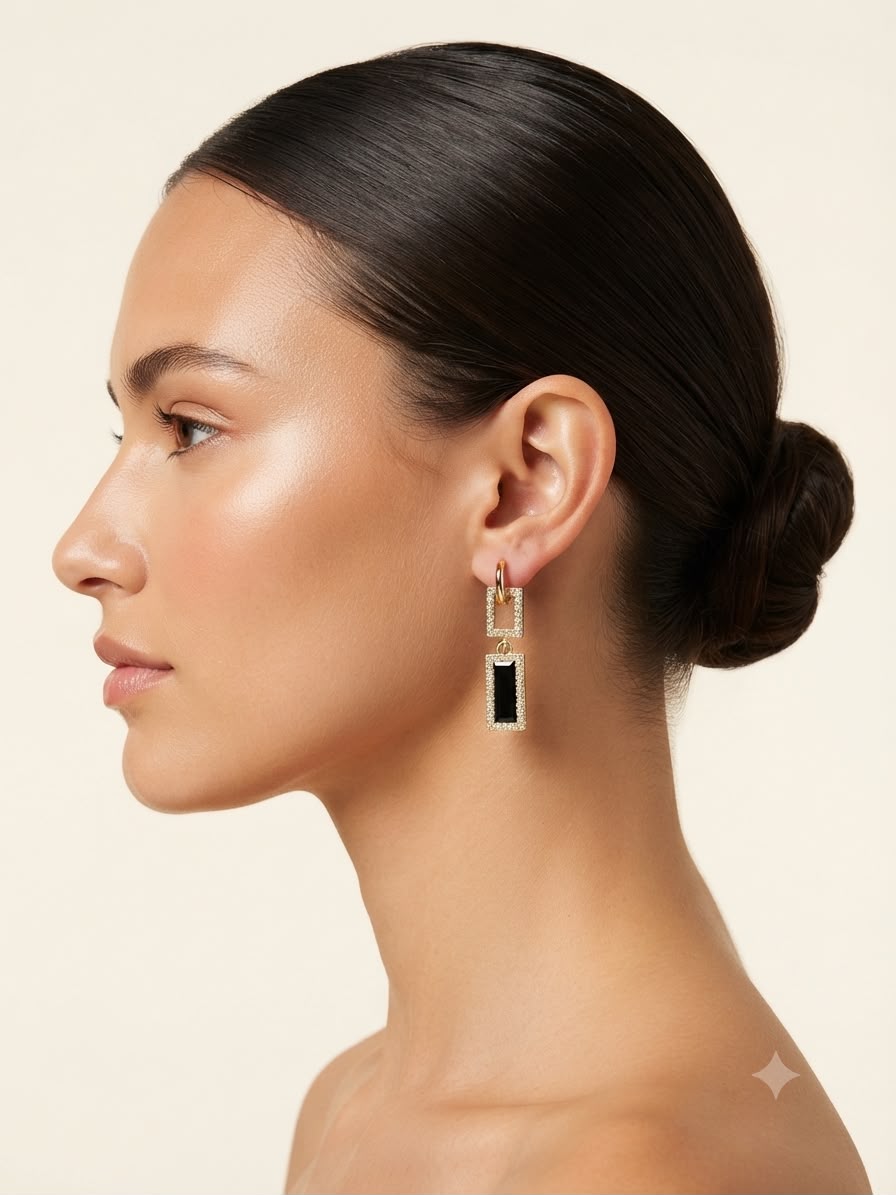 Aretes Rectangulares con Cristal Negro – Elegancia Sofisticada