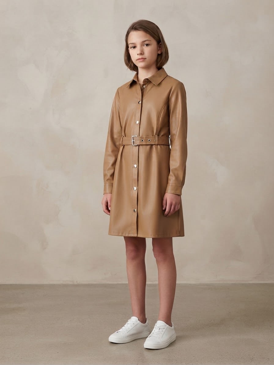 Vestido niña tipo camisero efecto piel con cinturón 🤎✨