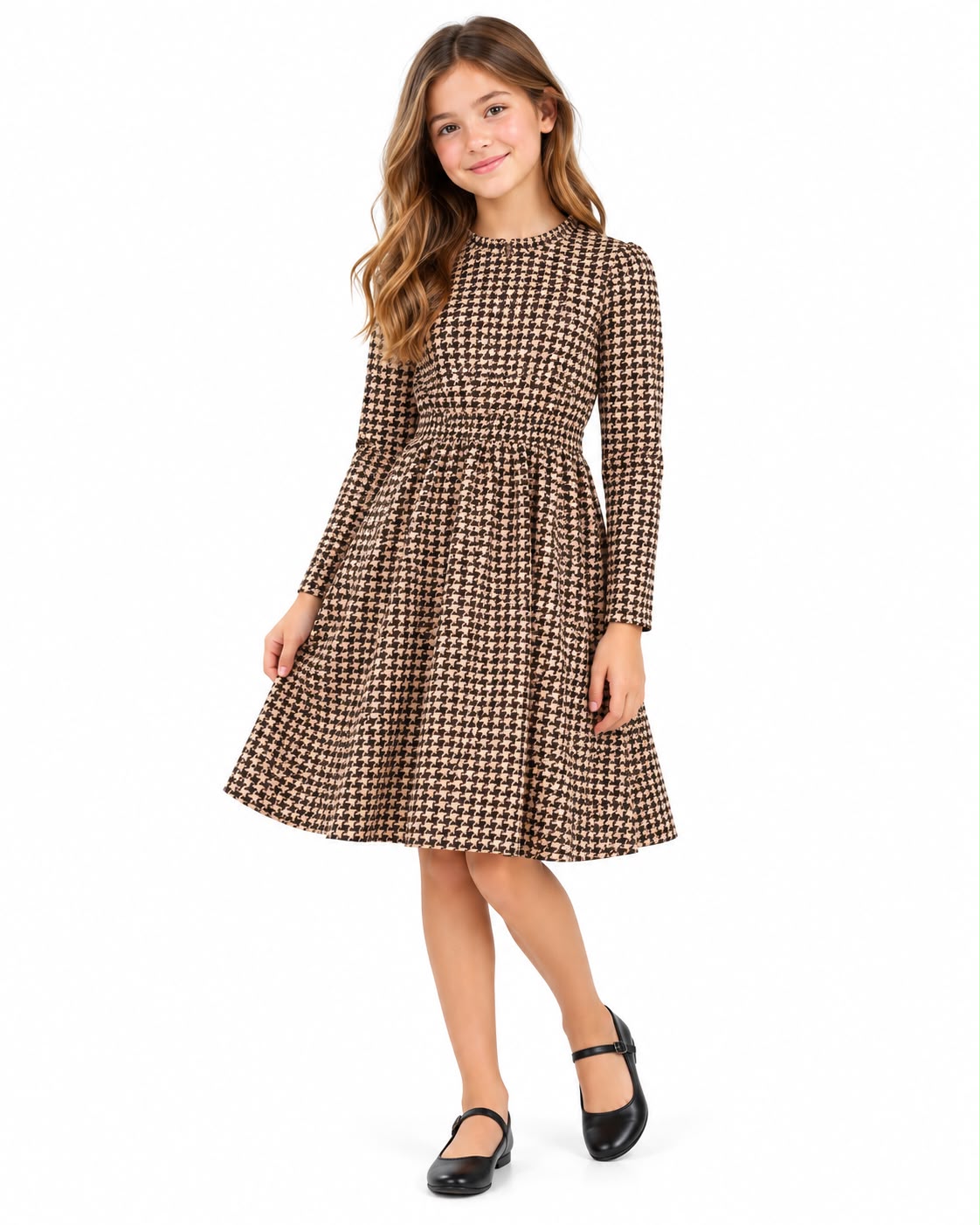 Vestido niña manga larga con estampado pata de gallo 🤎✨