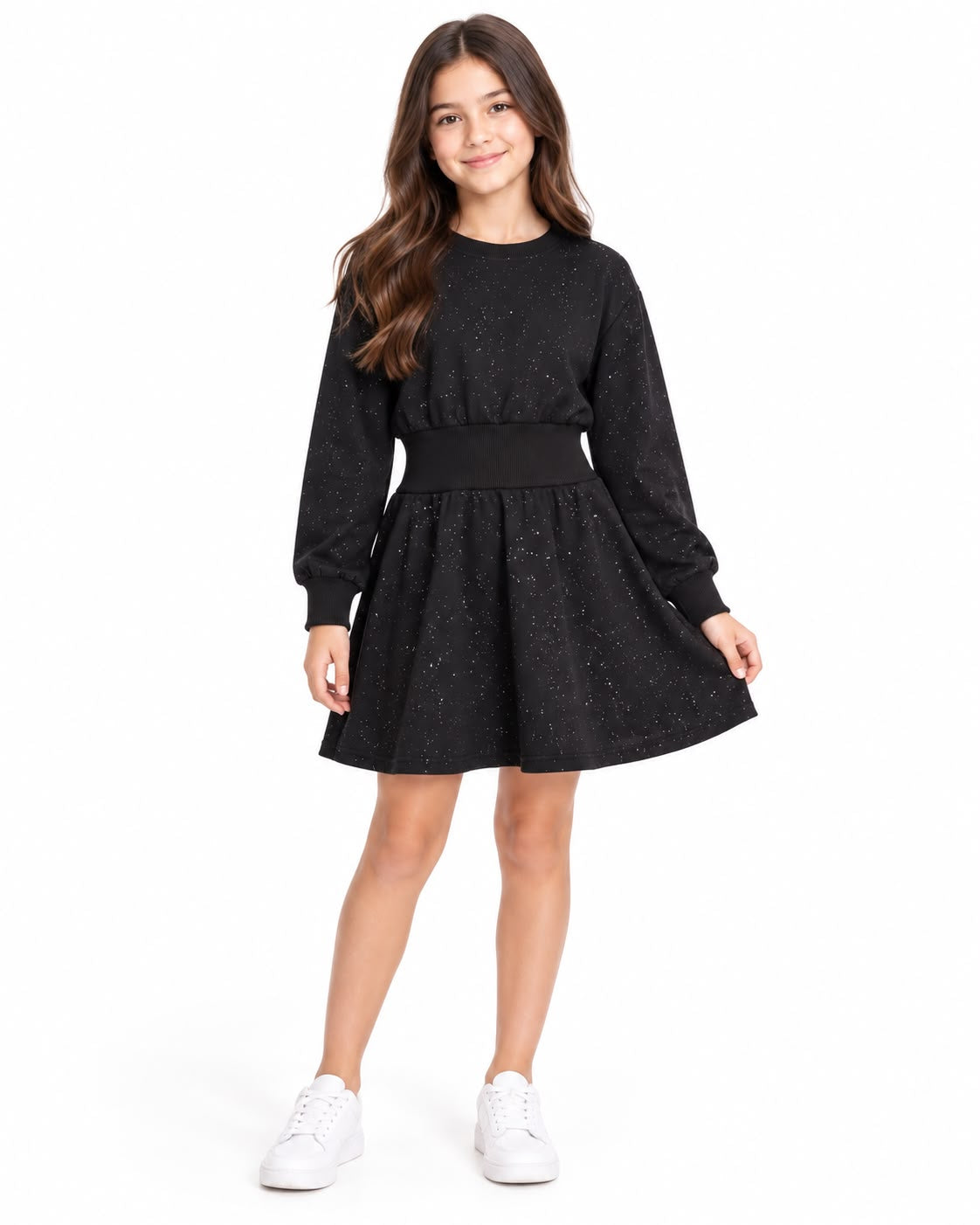 Vestido niña negro con brillos, manga larga y cintura marcada ✨🖤
