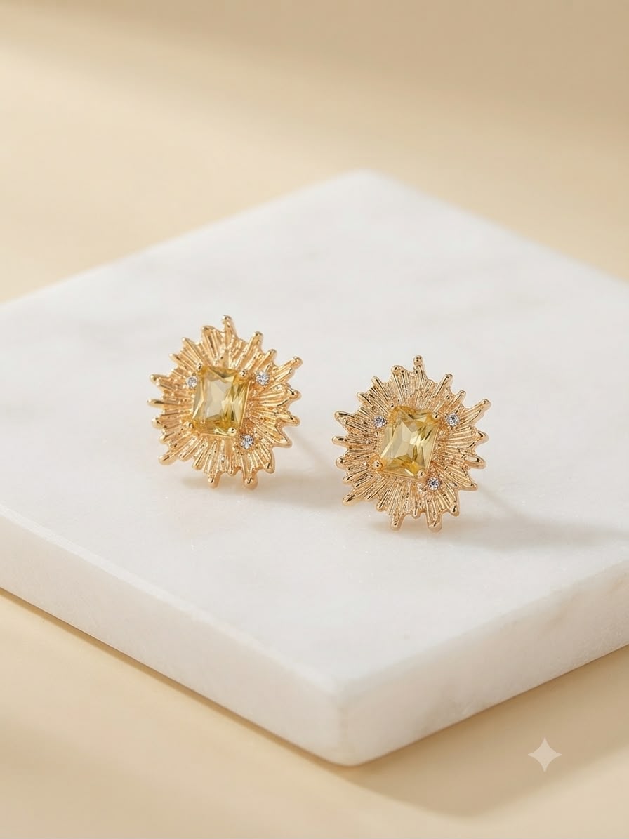 Aretes Sol Dorado con Cristal Champagne