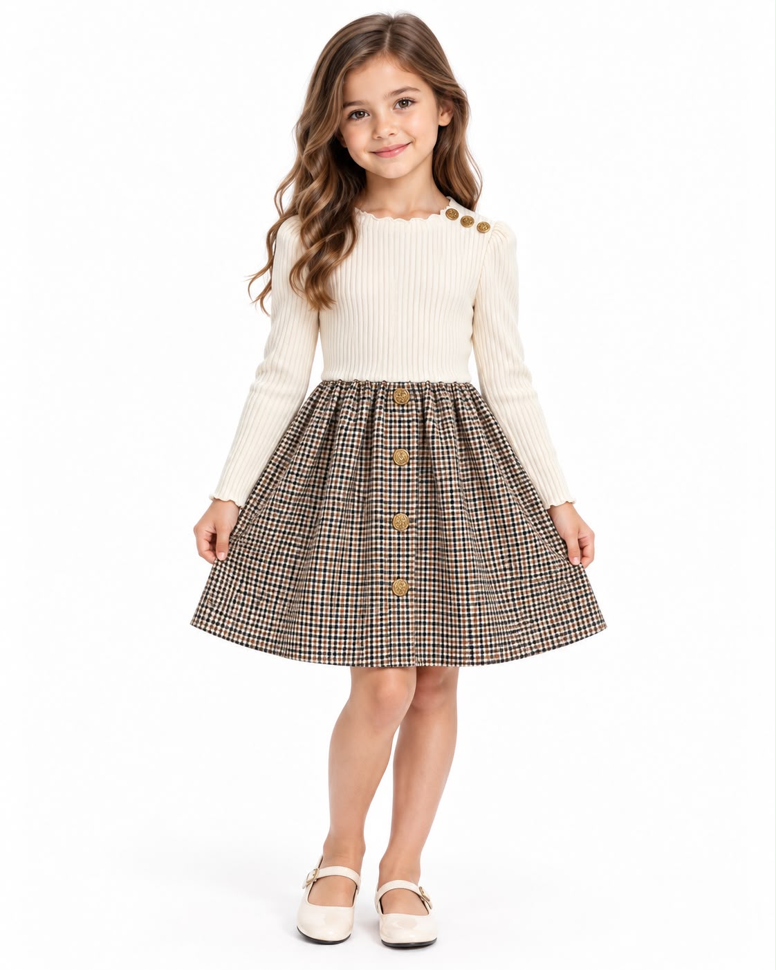 Vestido niña combinado con manga larga y botones decorativos 🤎✨