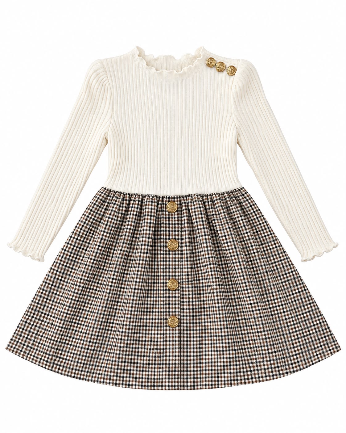 Vestido niña combinado con manga larga y botones decorativos 🤎✨