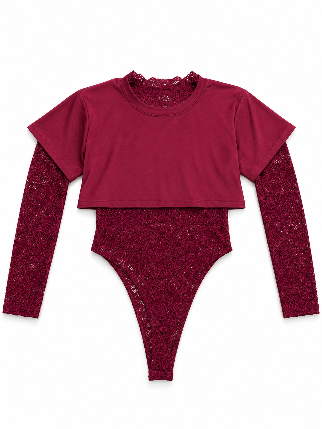 Set Dama 3 Piezas Color Vino – Body de Encaje + Crop Top + Pantalón tela