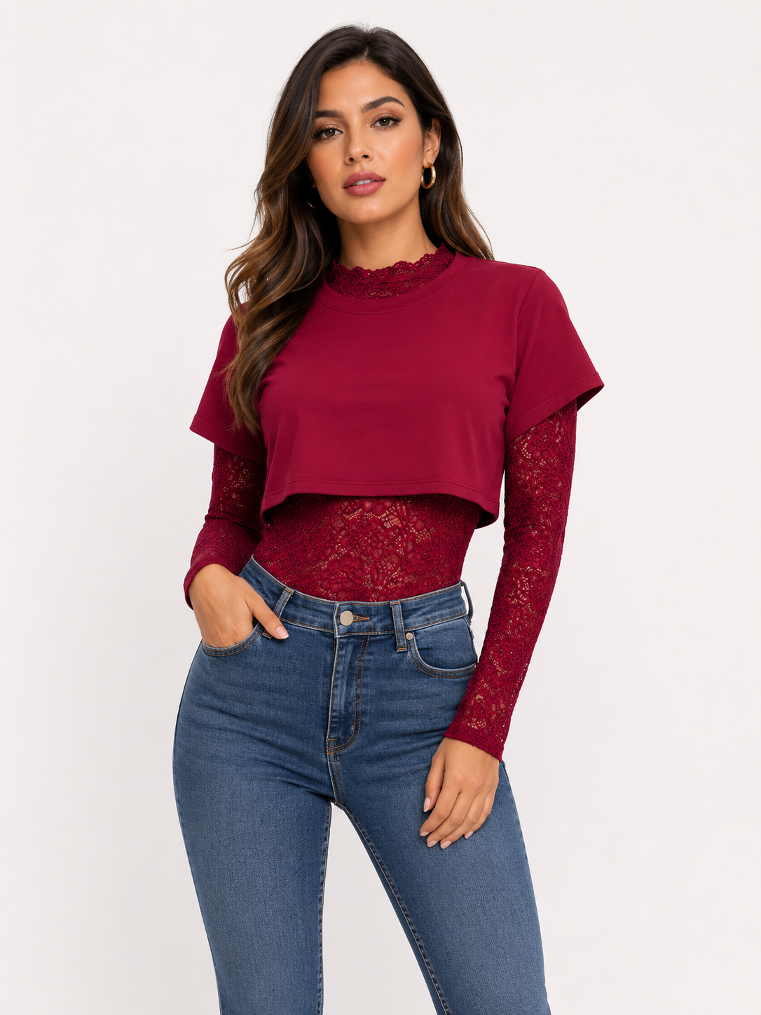 Conjunto Dama 2 Piezas Color Vino – Body de Encaje + Crop Top
