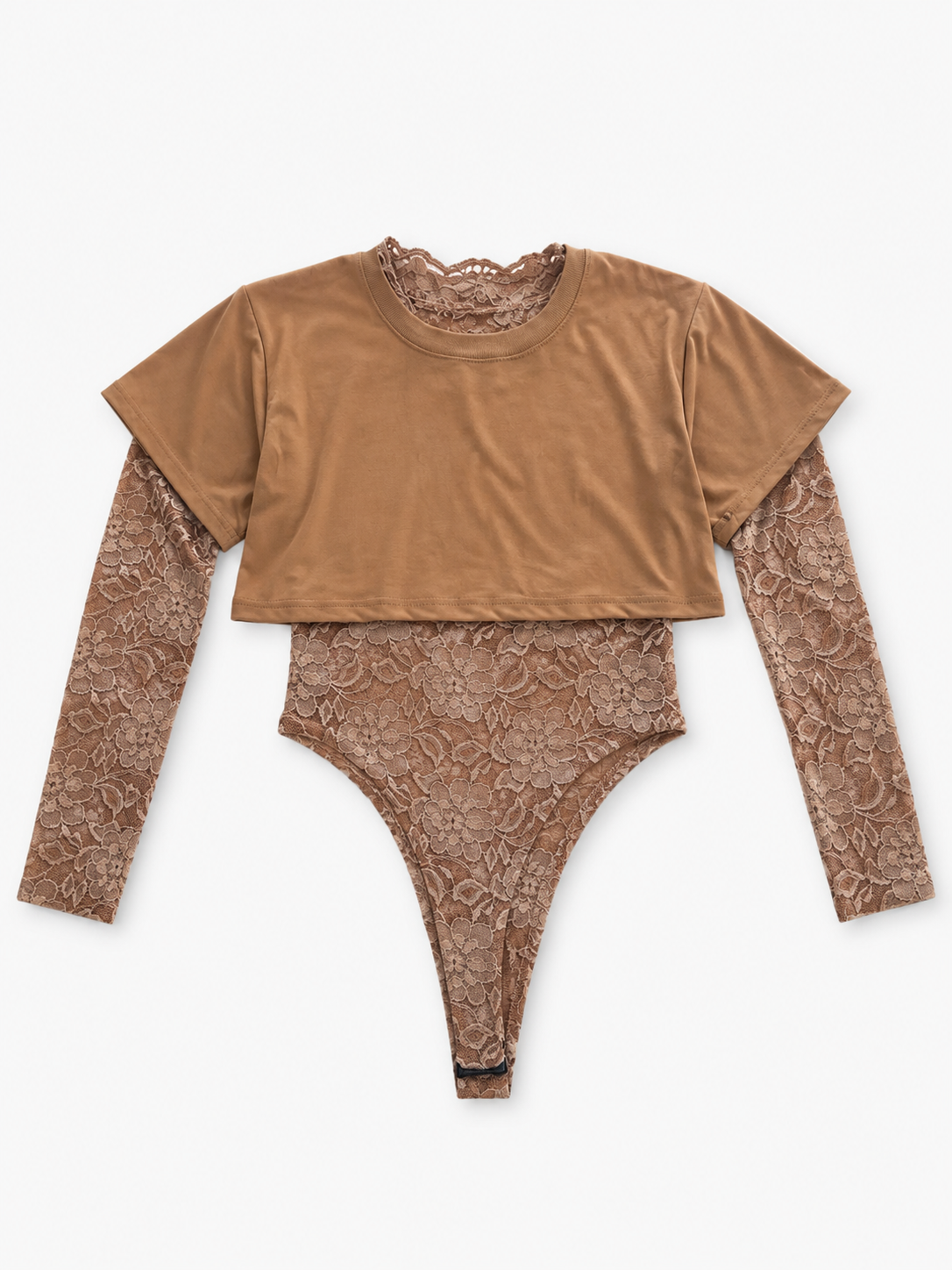 Set Dama 3 Piezas Color beige  – Body de Encaje + Crop Top + Pantalón tela