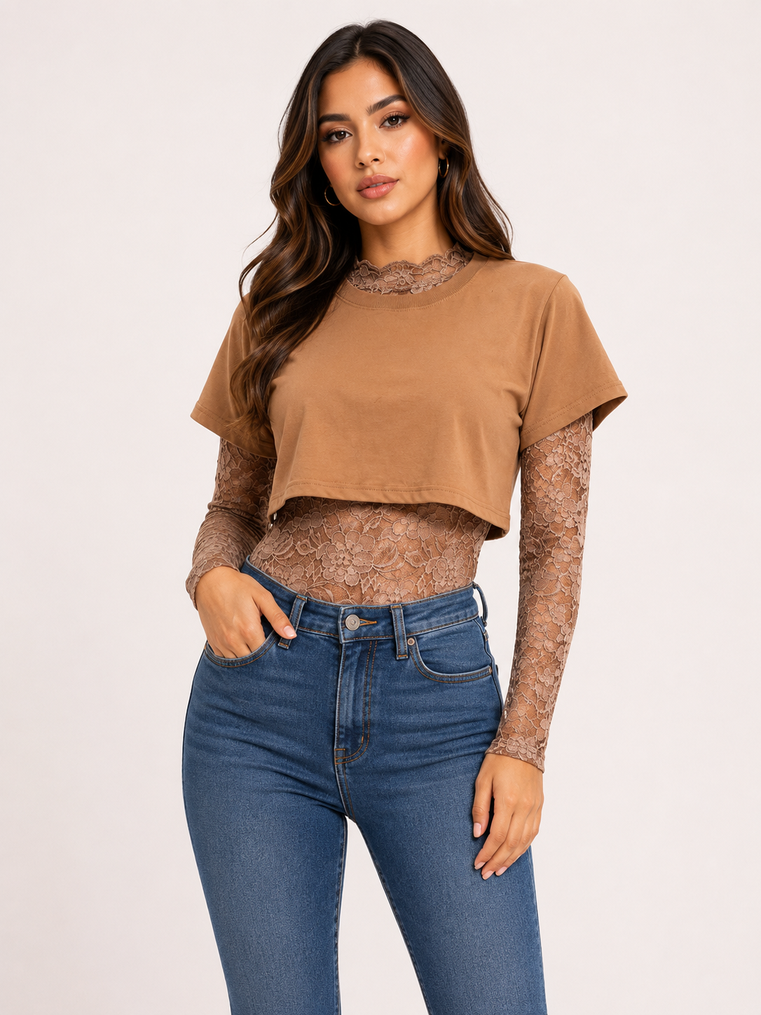 Conjunto Dama 2 Piezas Color nude– Body de Encaje + Crop Top