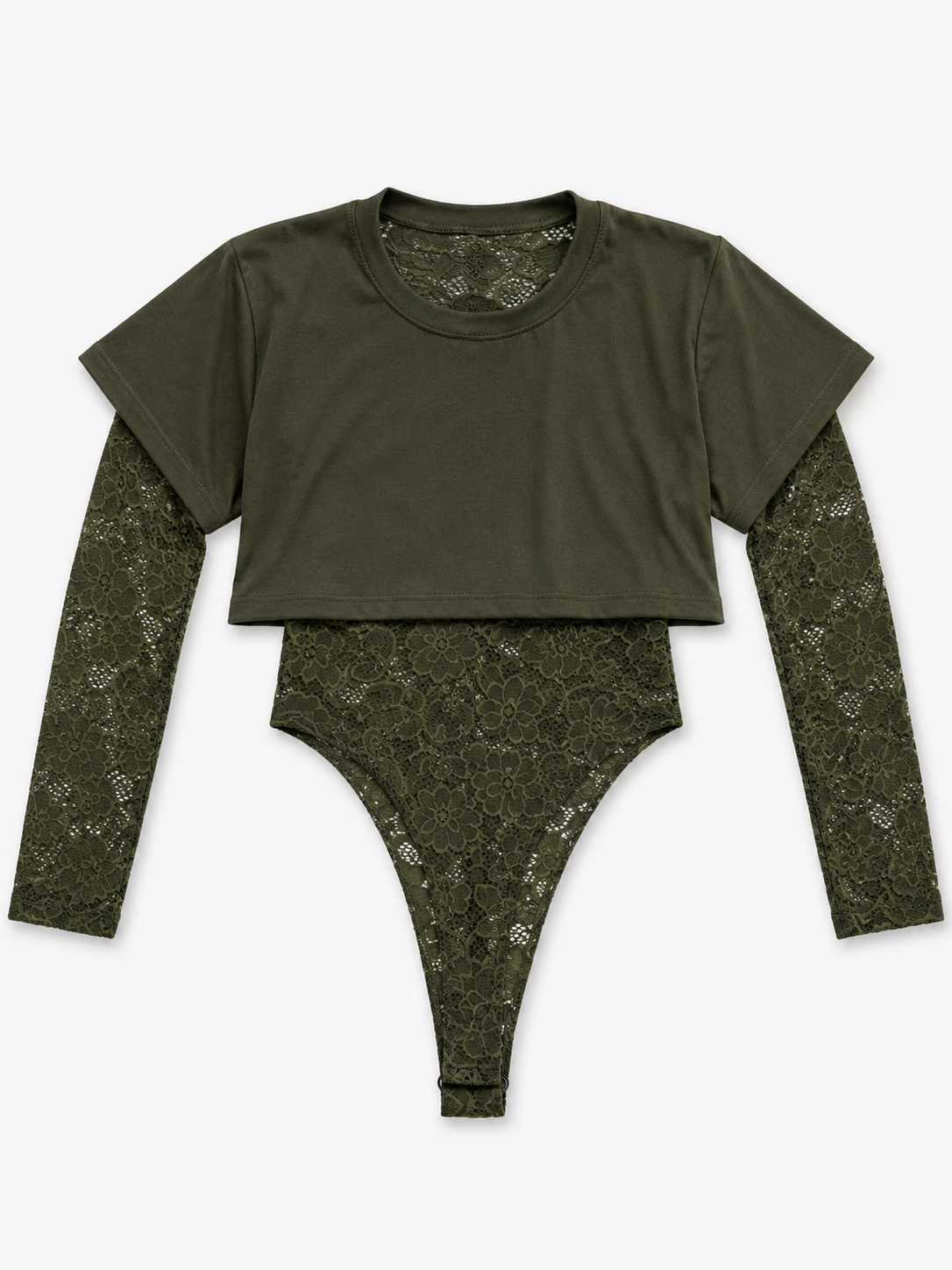 Set Dama 3 Piezas Color verde – Body de Encaje + Crop Top + Pantalón tela