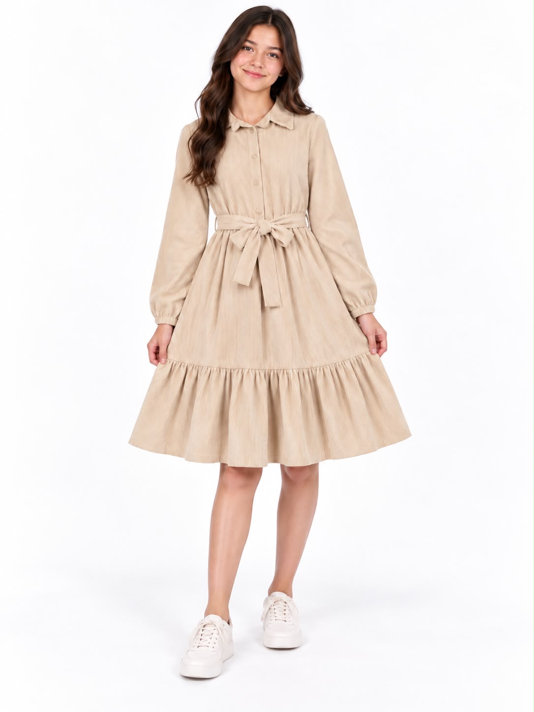 Vestido niña beige con cinturón de lazo 🤎✨