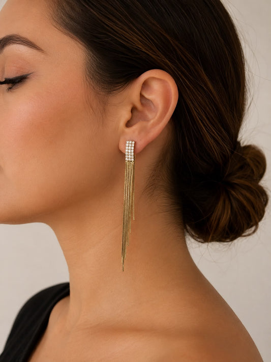 Aretes Colgantes Dorados con Flecos y Cristales ✨💛