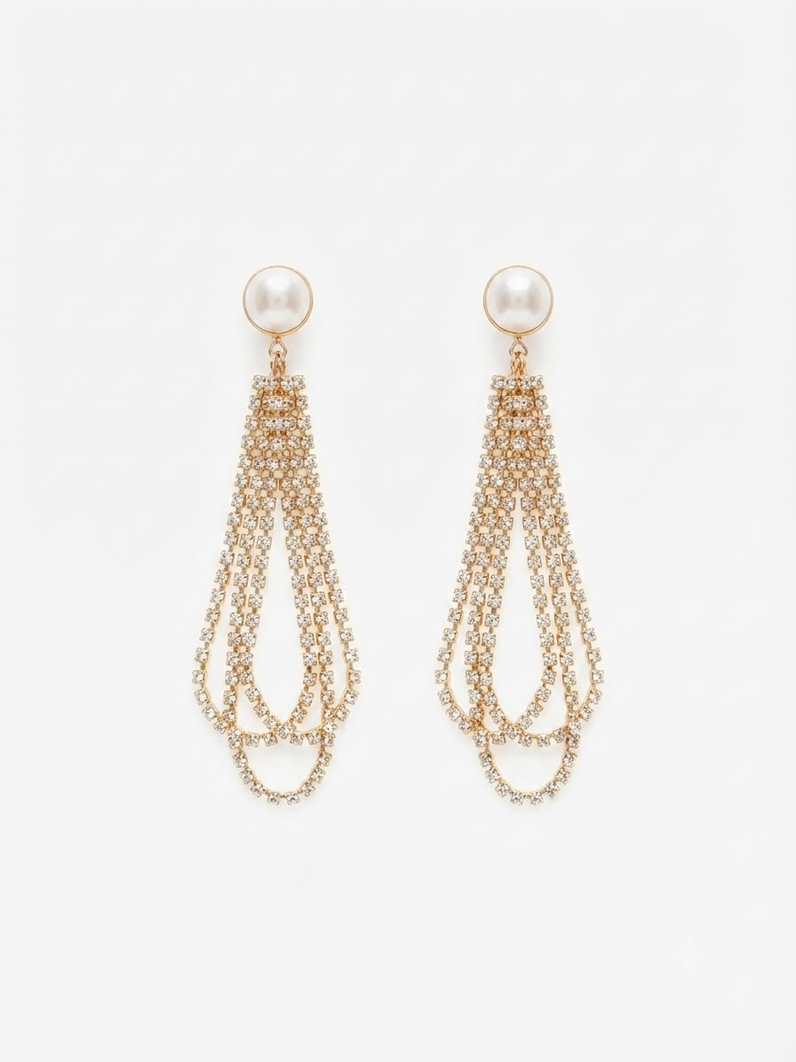 Aretes Largos Dorados con Perla y Cristales ✨🤍