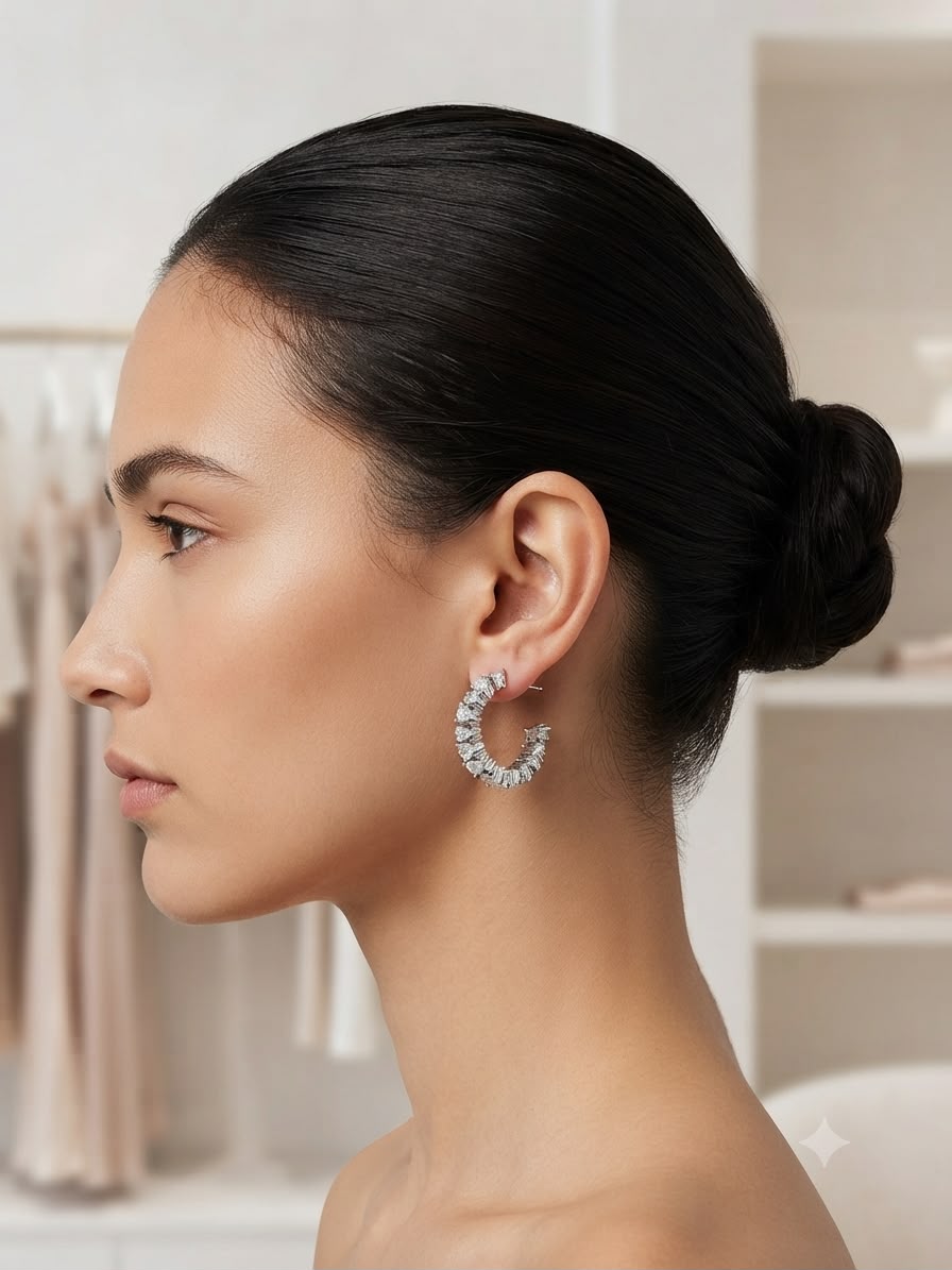 Aretes de Aro con Cristales Brillantes Plateados ✨🤍