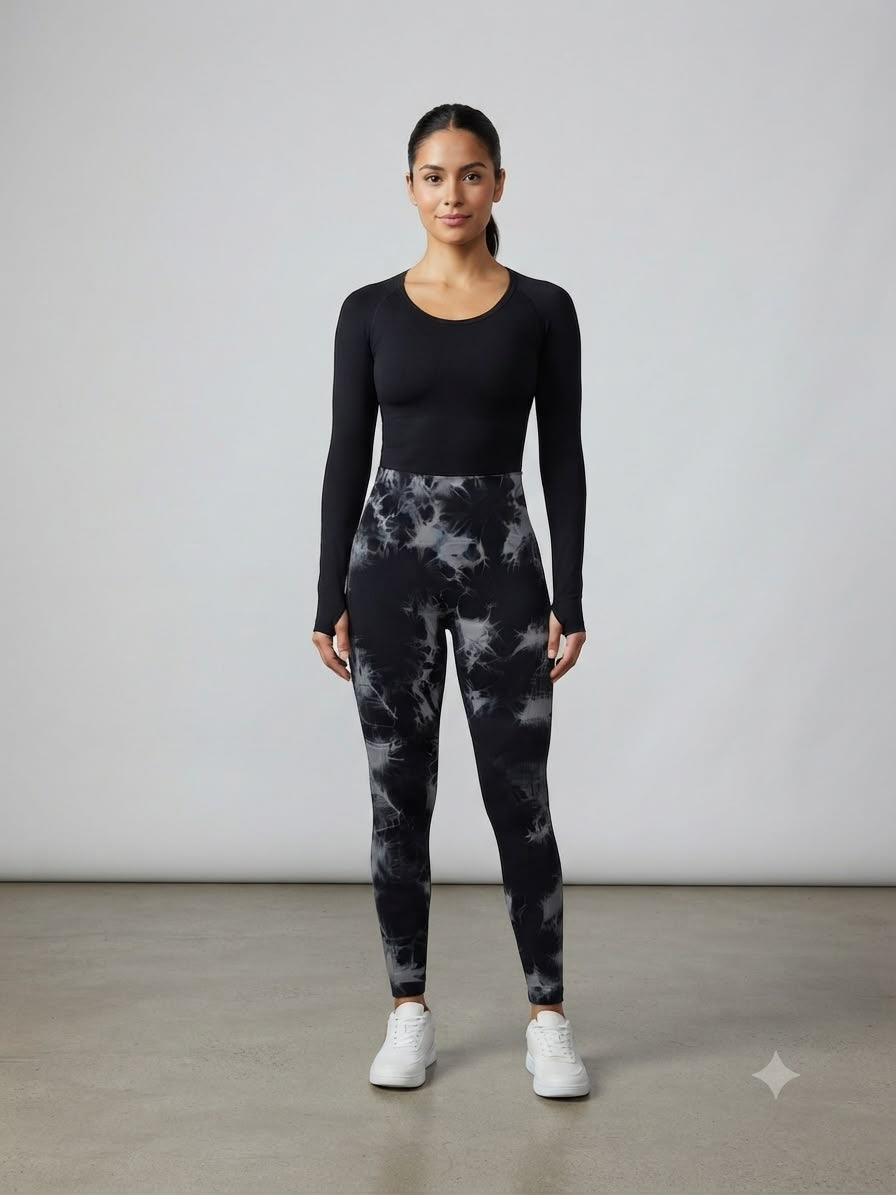 Leggings dama tie-dye negro con gris