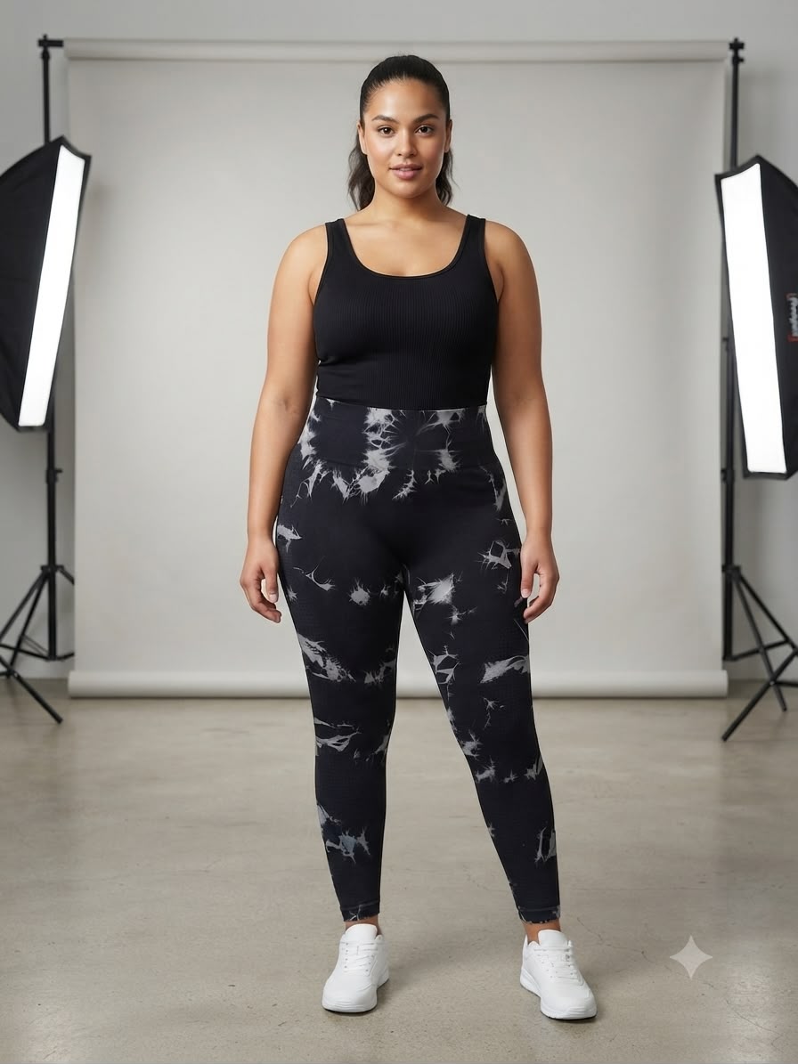 Leggings dama tie-dye negro con gris