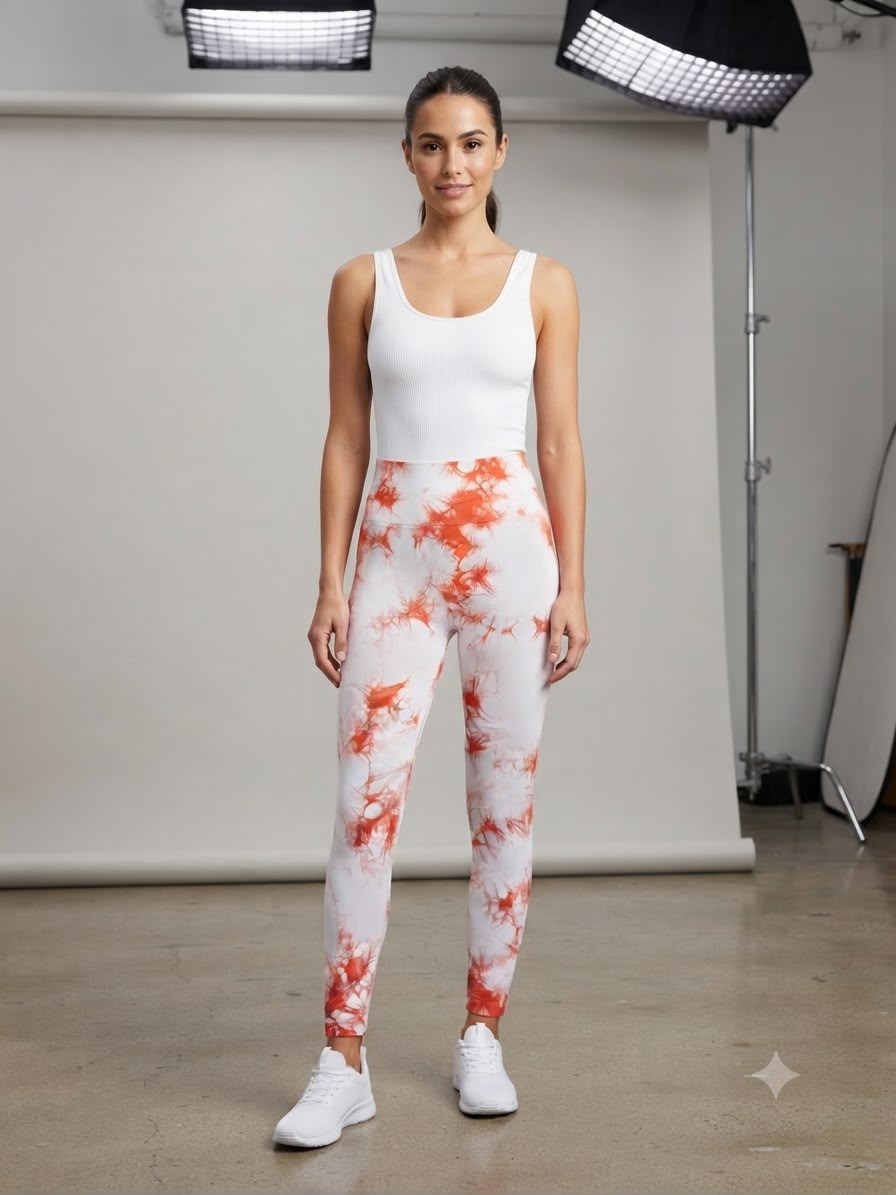 Leggings dama tie-dye blanco con coral